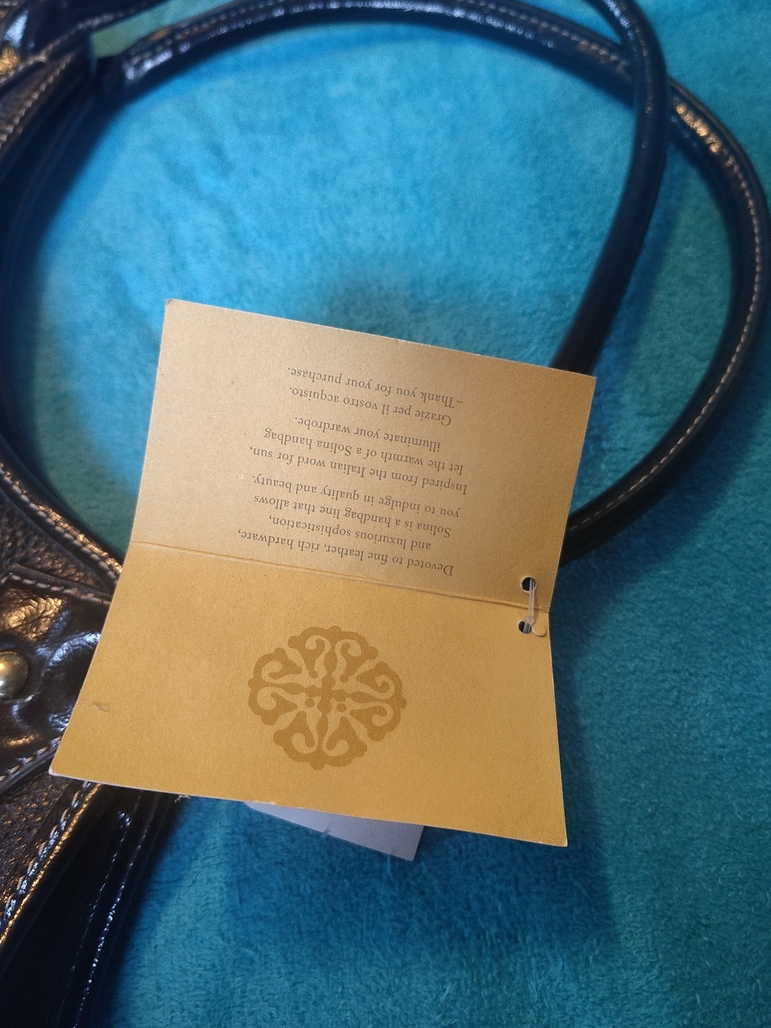 Solina Black Leather Satchel Tote Purse Embossed Scroll Design New Tags