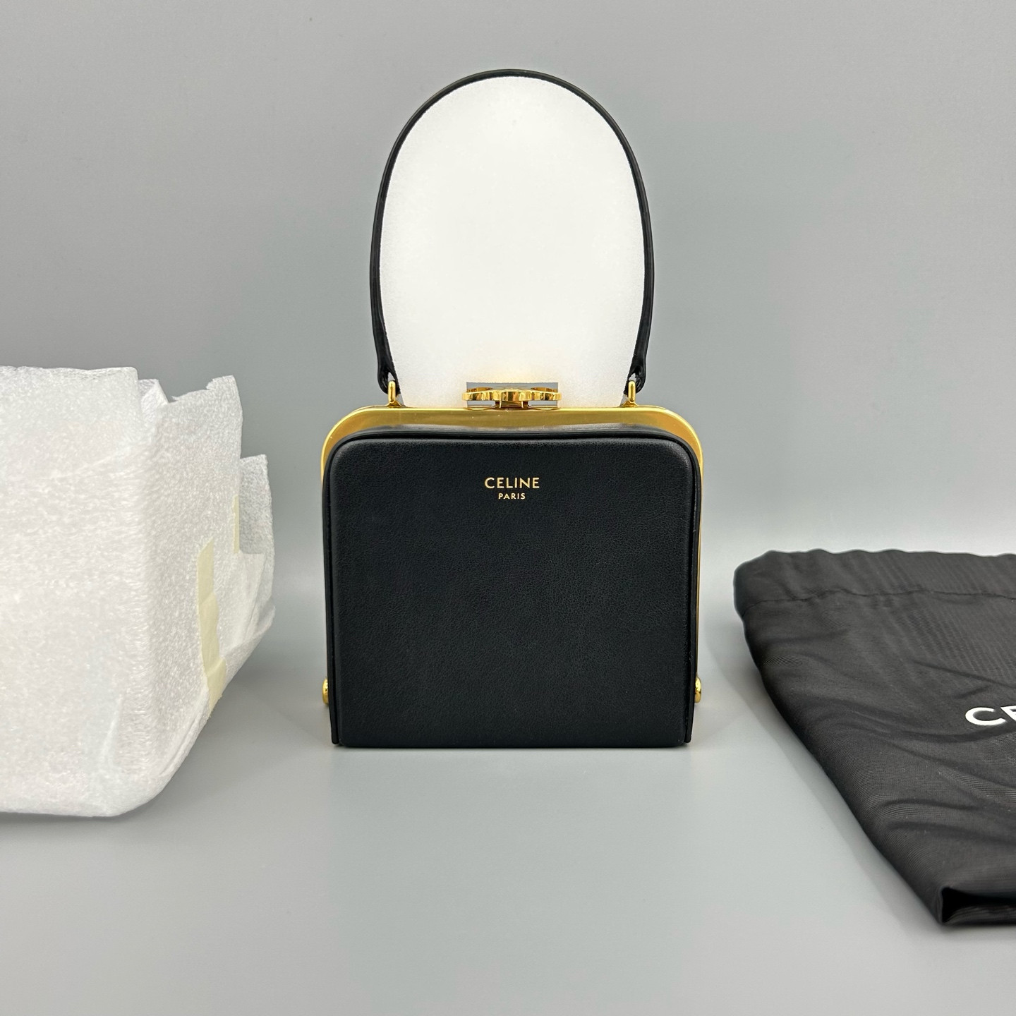 Authentic Celine Triomphe Vanity Case Calfskin Leather Top Handle Bag Black