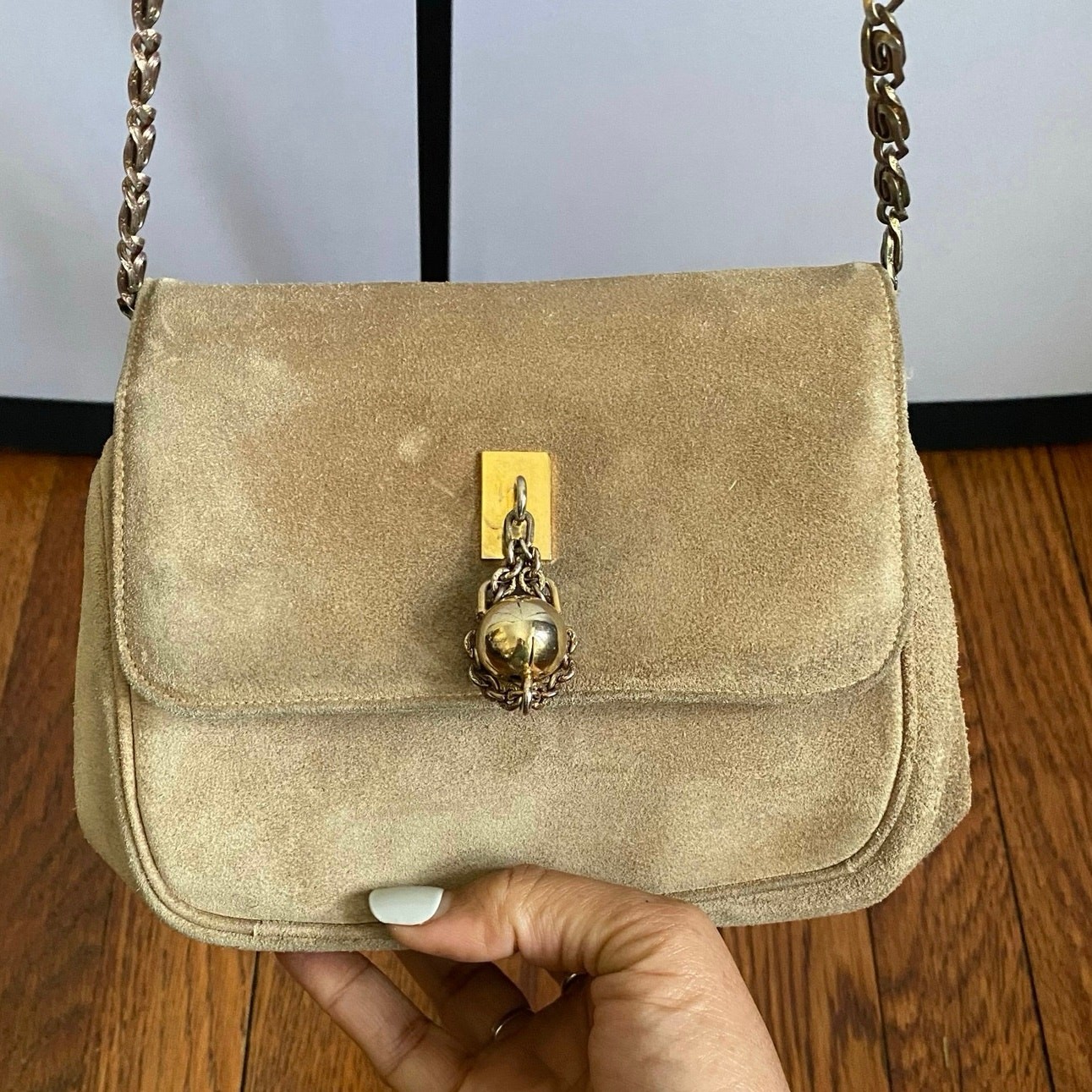 Vintage Susan Gail Suede Mini Shoulder Bag Camel Chain Strap 70s Crossbody Purse