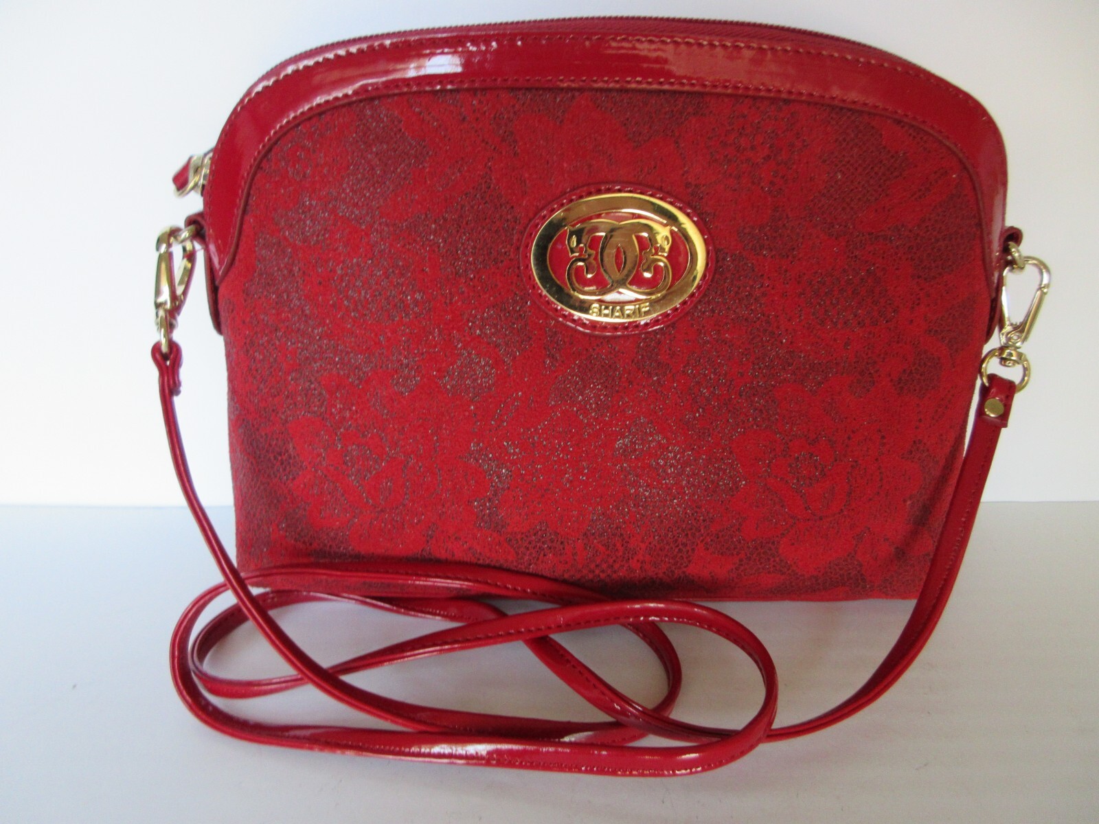 NWT Sharif Red Floral Lace Crossbody Shoulder Bag – Gold Logo, Zip Top, Vibrant
