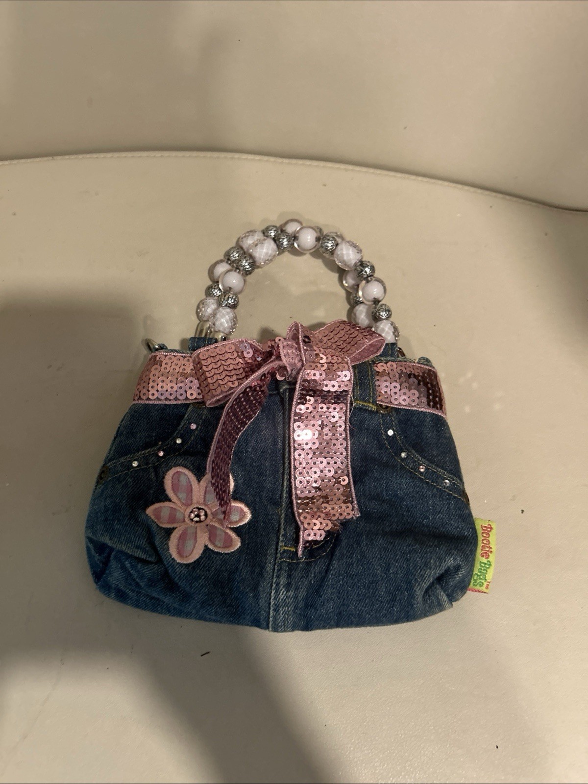 Denim Jeans Small Purse/Clutch With Embroidered Flower. Beaded Bootie Bag