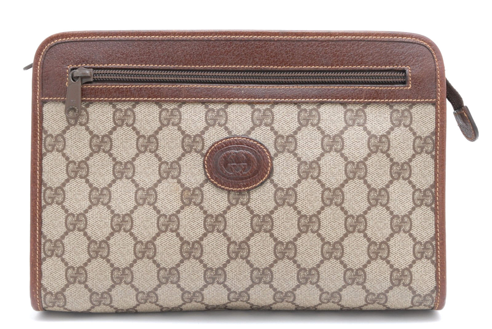 GUCCI GG Supreme Monogram PVC Leather Clutch Hand Bag Beige Brown Vintage