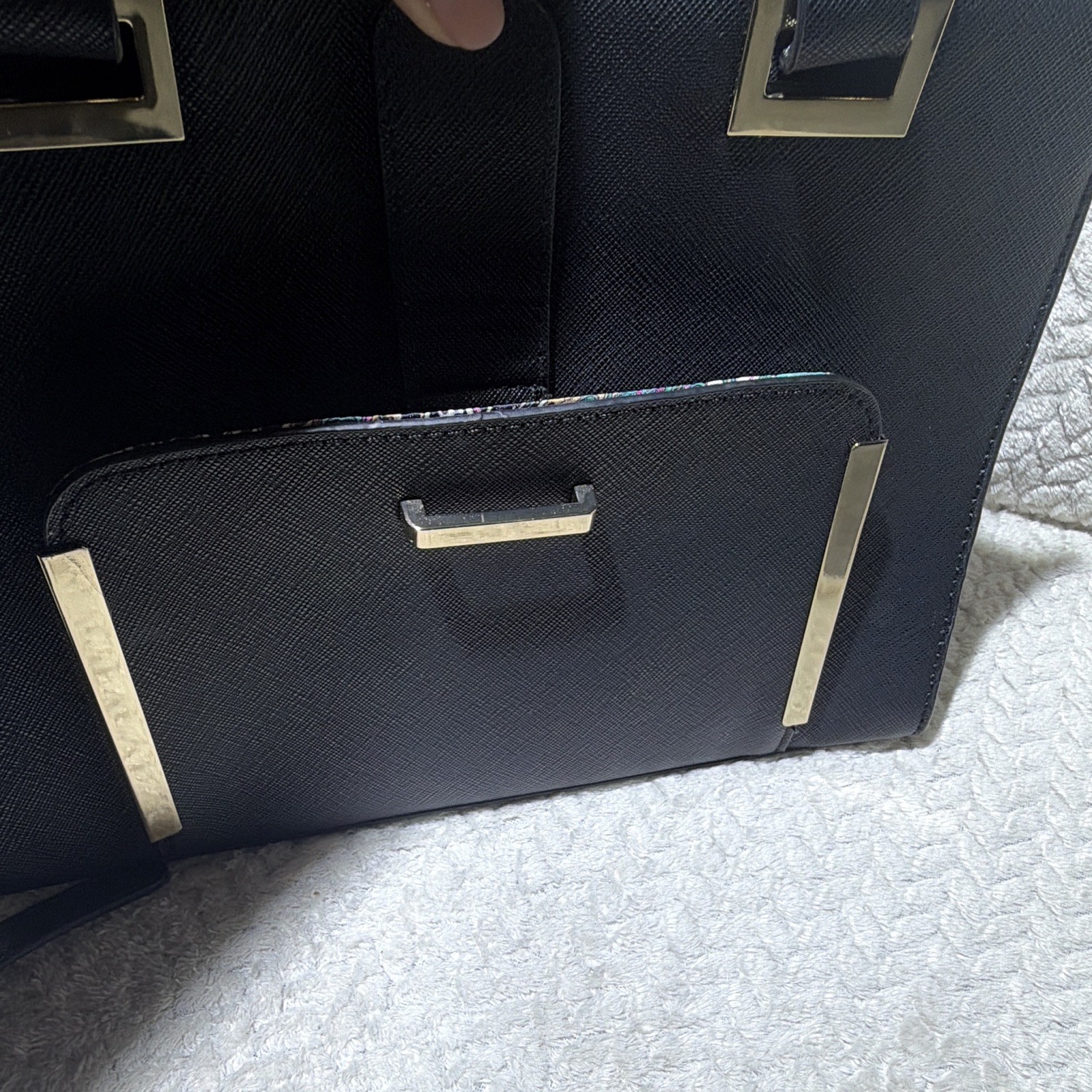 Black Satchel Top Handle Crossbody Bag, Gold Hardware, Zip, Detachable Strap