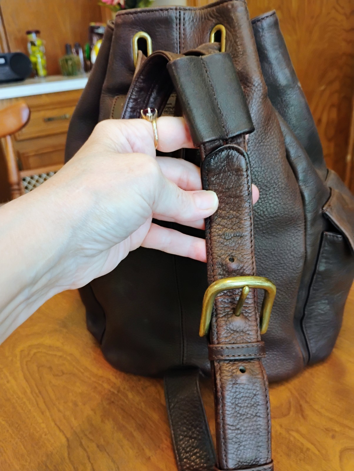 Fossil Dark Brown Pebble Grain Leather Drawstring Flap Bucket Backpack / Purse