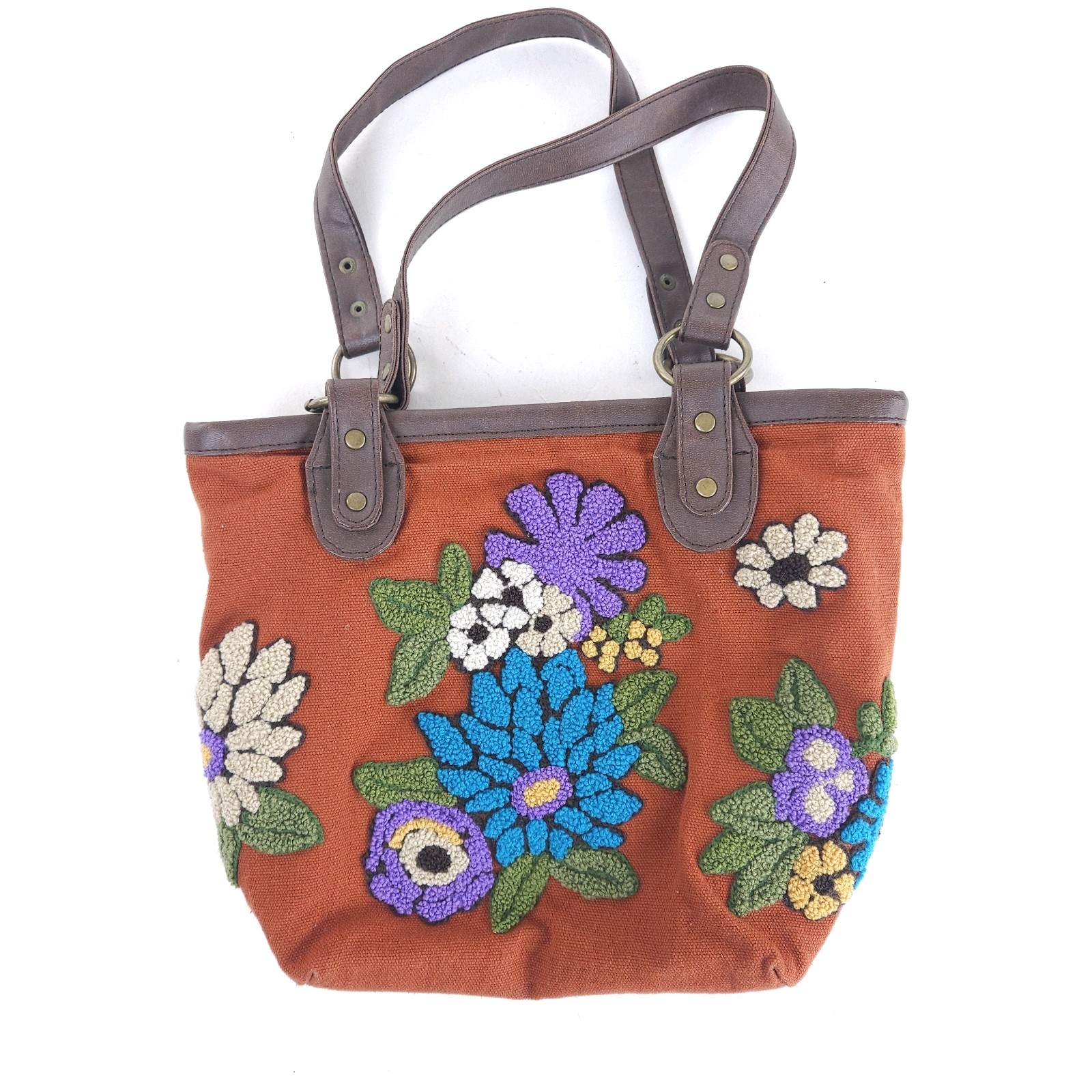 Brown Purse Embroidered Floral Duck Fabric Faux Leather Handles handbag tote
