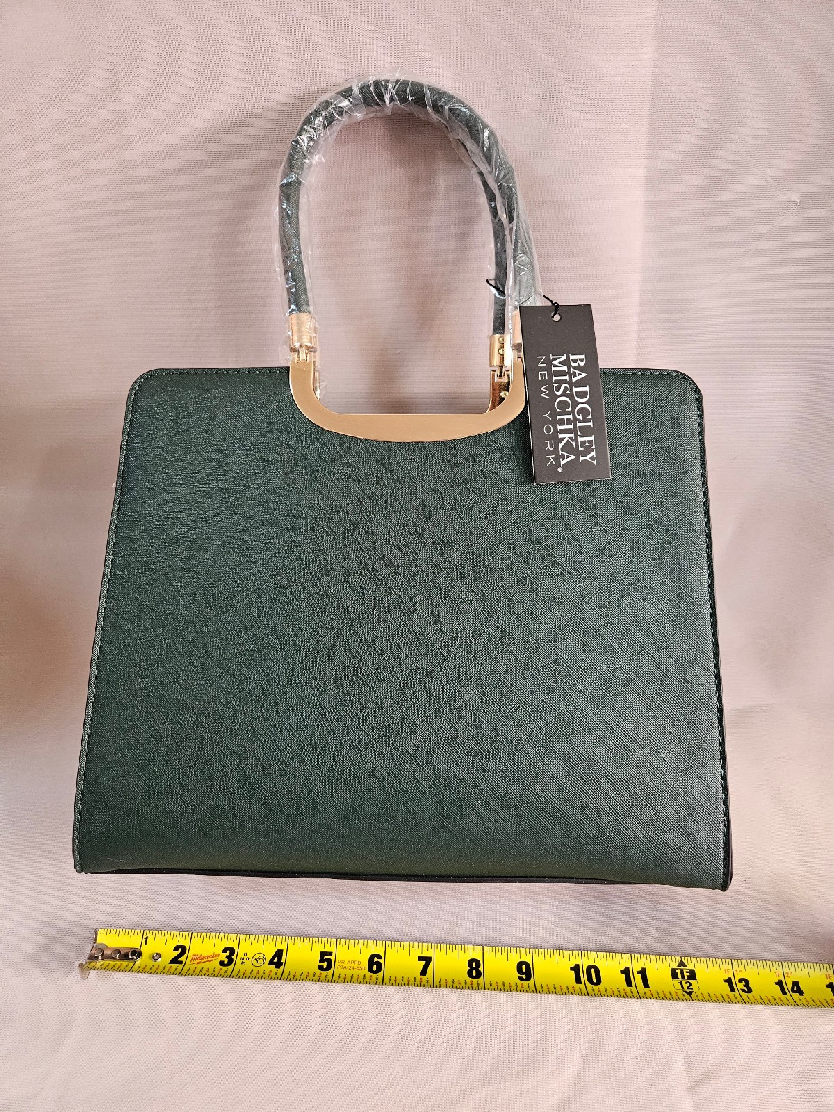 Badgley Mischka Emerald Collection Louise Saffiano Green Satchel Handbag Handles