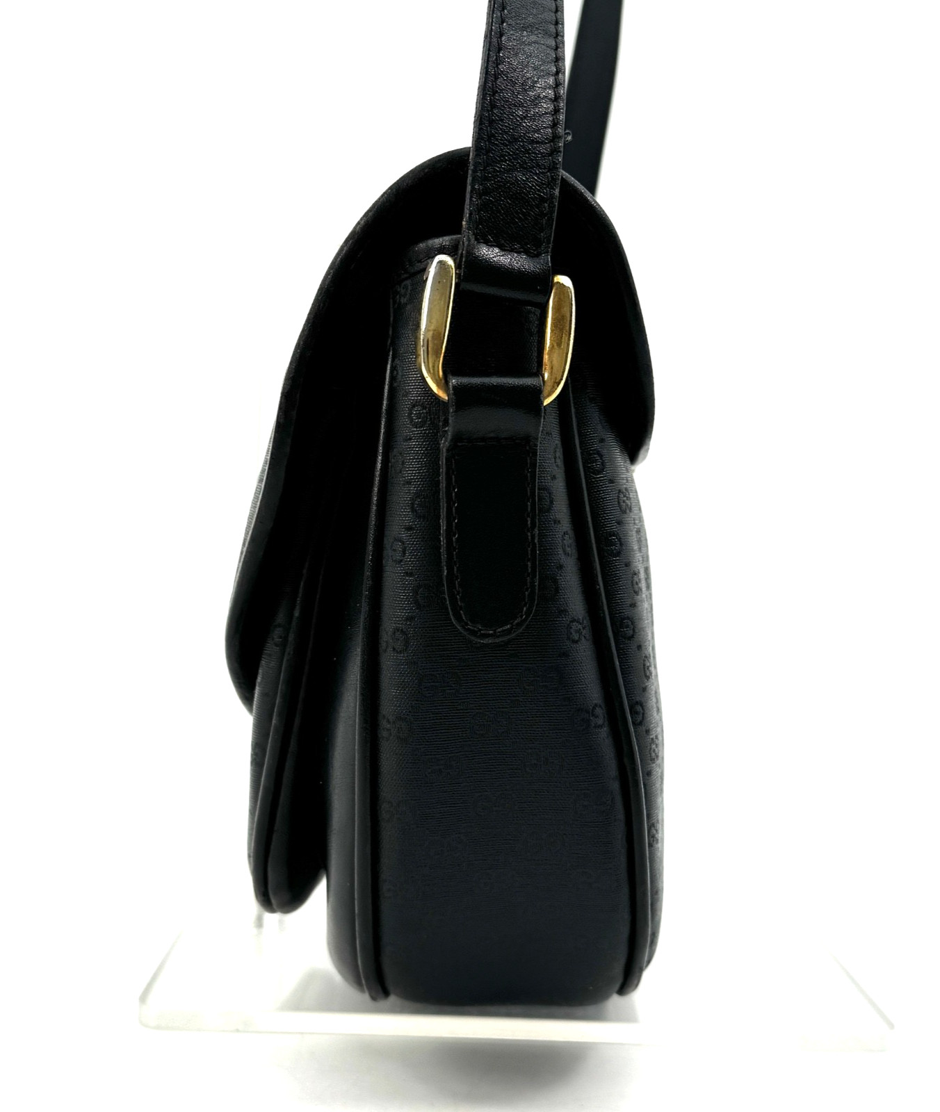 Vintage GUCCI Shoulder Bag Micro GG Turnlock PVC Leather Black Purse Authentic