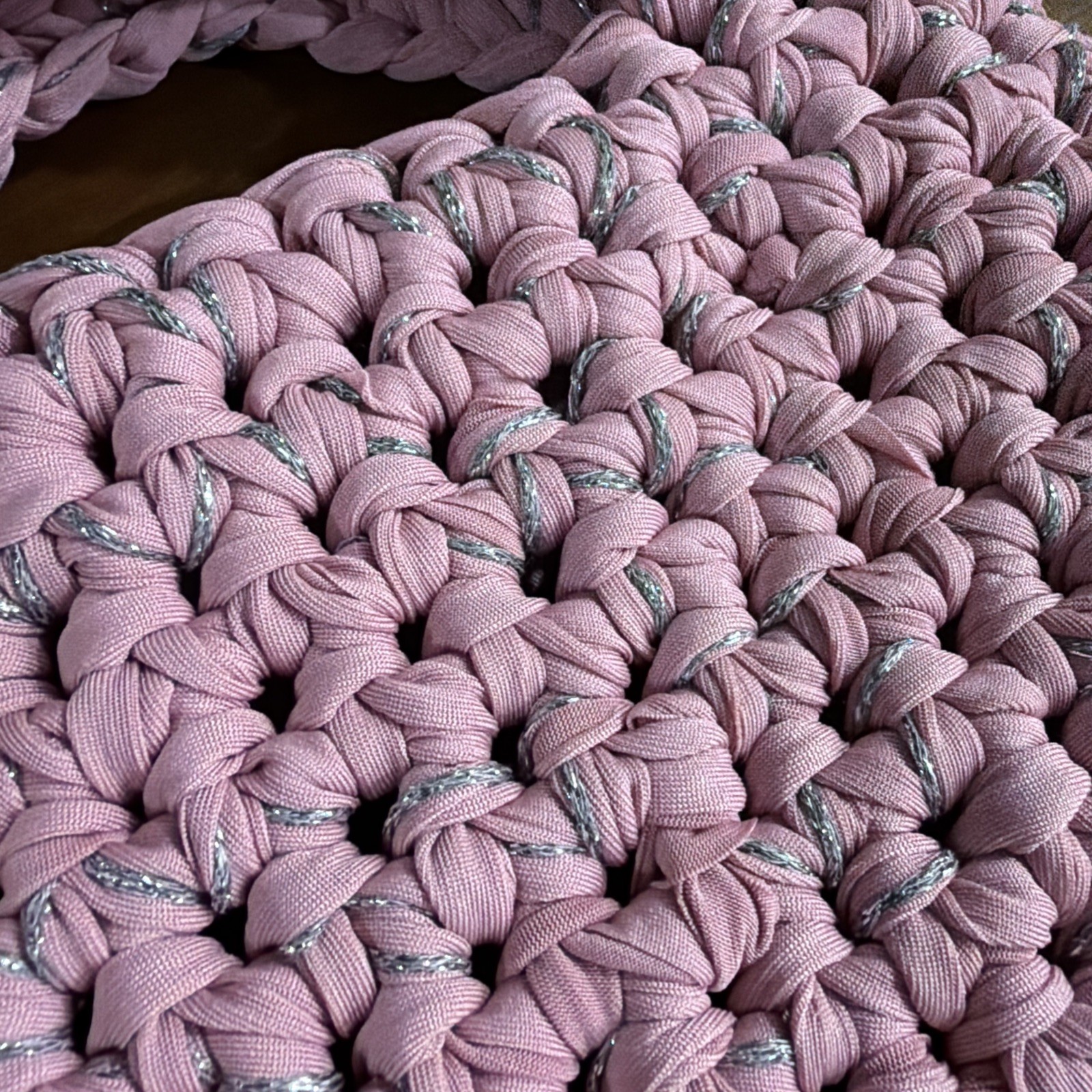 Handmade Crochet Pink With silver Sparkle T-Shirt Yarn Bag