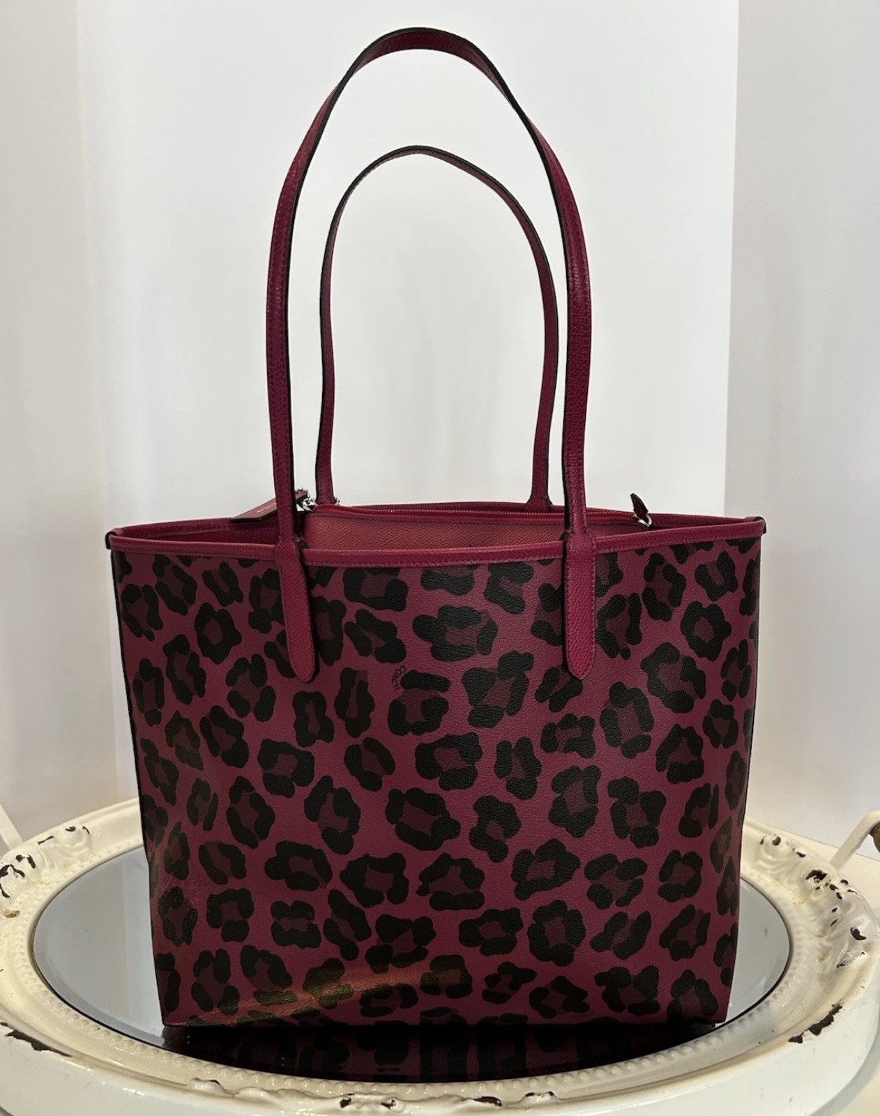 Coach Hot Pink Leopard Print Reversible City Tote RARE