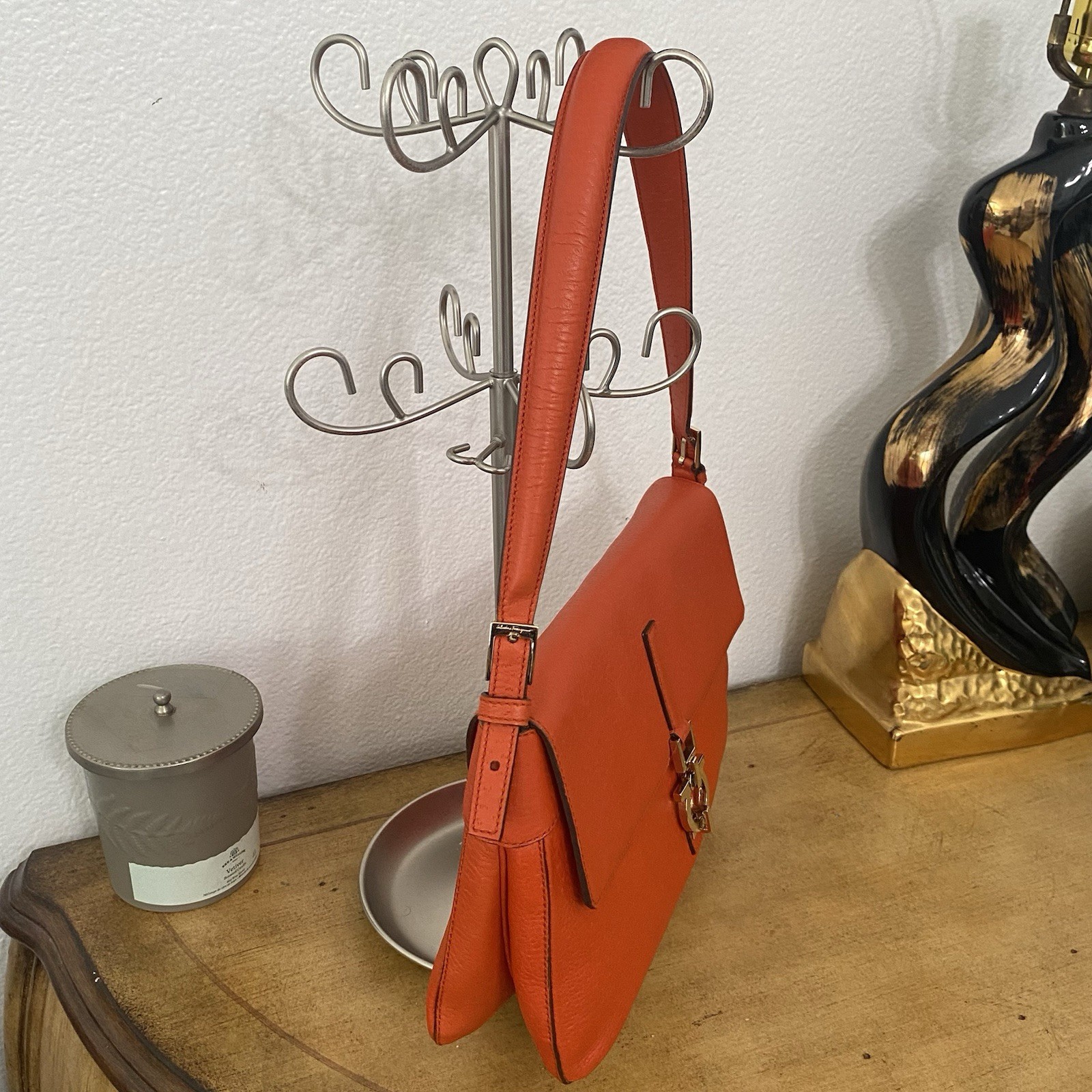 Salvatore Ferragamo Gancini Shoulder Leather Bag Deep Orange & Silver Hardware.