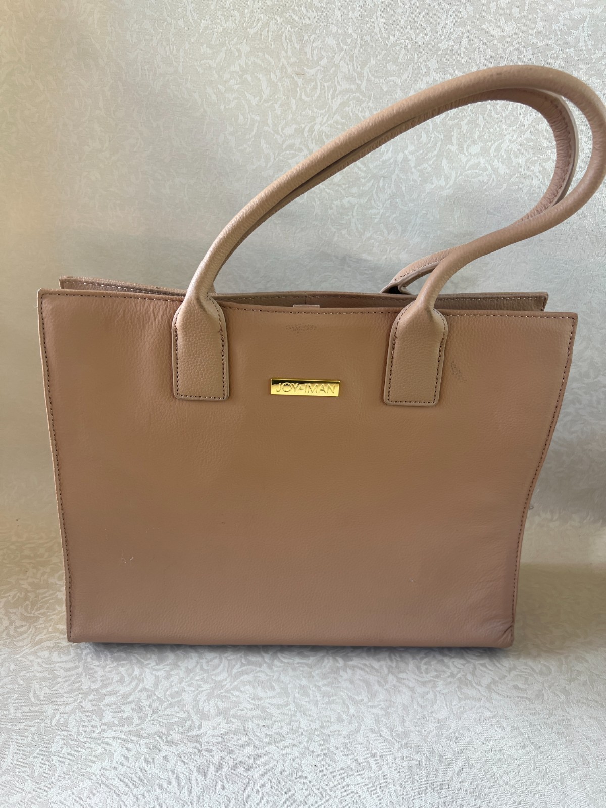 Joy & Iman Leather Tote Handbag Taupe Blush With Watch Flashlight Mirror EUC