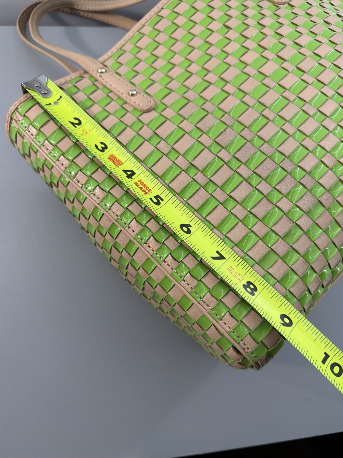 Kate Spade “Bay Street” Lime Green + Beige Woven Patent Leather Tote Satchel