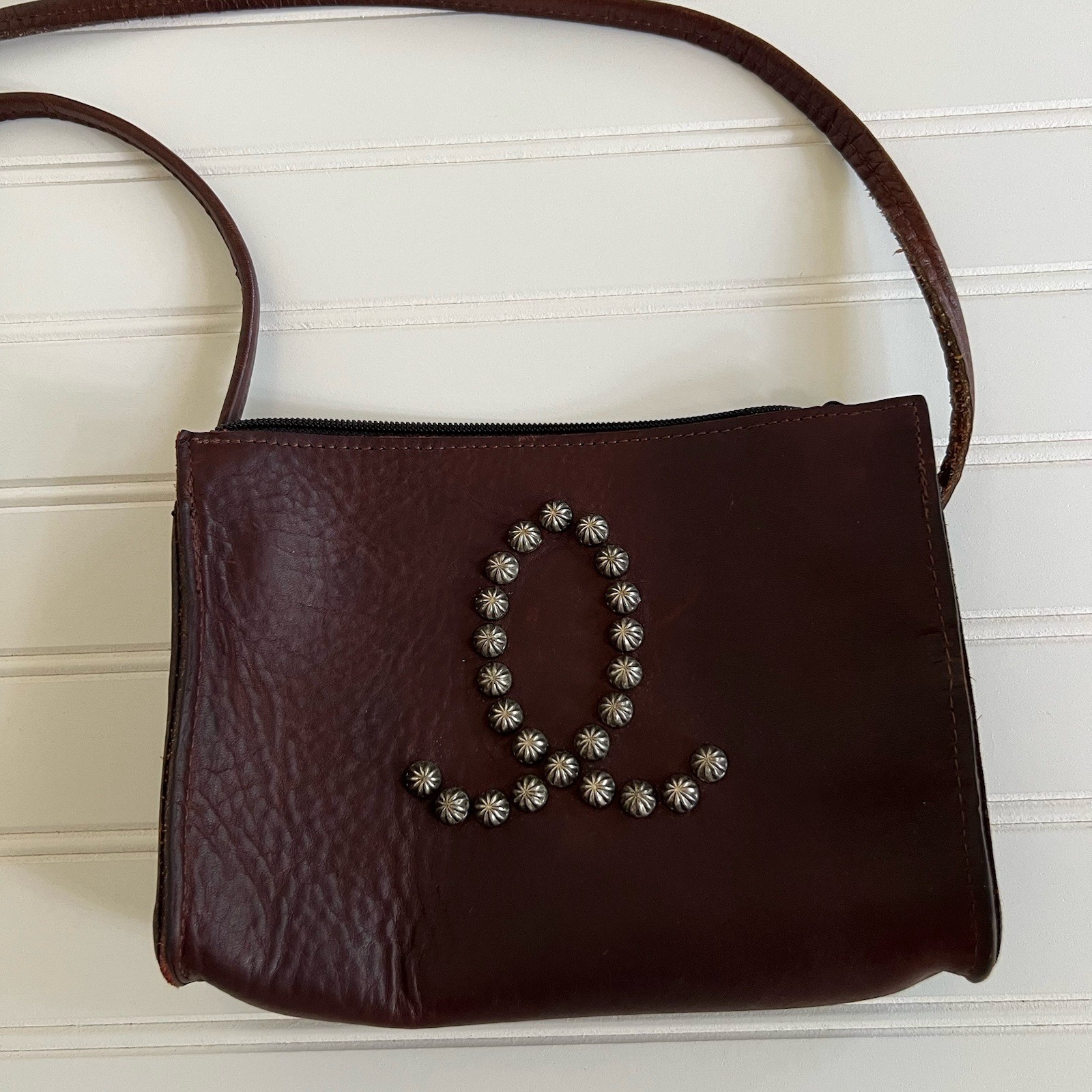 Two Bar West Dark Chocolate Brown Leather Studded Western Small Crossbody Purse