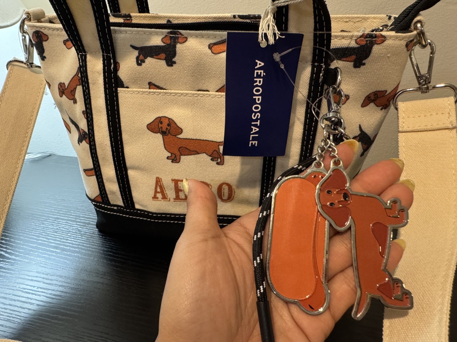 Aeropostale Mini Tote Bag Dachshund Weiner Dog Crossbody Purse Navy Canvas New