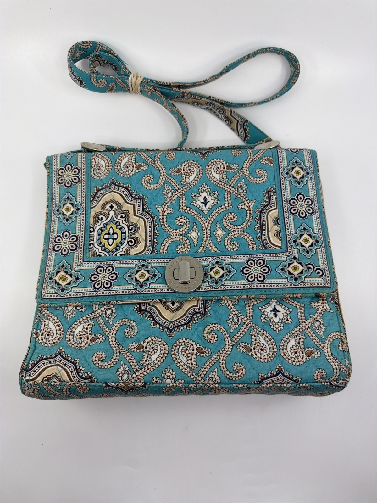 Vera Bradley Julia Turn Lock Satchel Crossbody Turquoise Brown Medallion