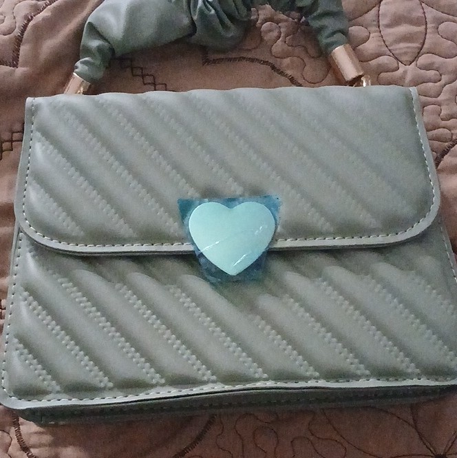 Women’s Light Blue Quilted Crossbody Bag Heart Accent Magnetic Flap Gold