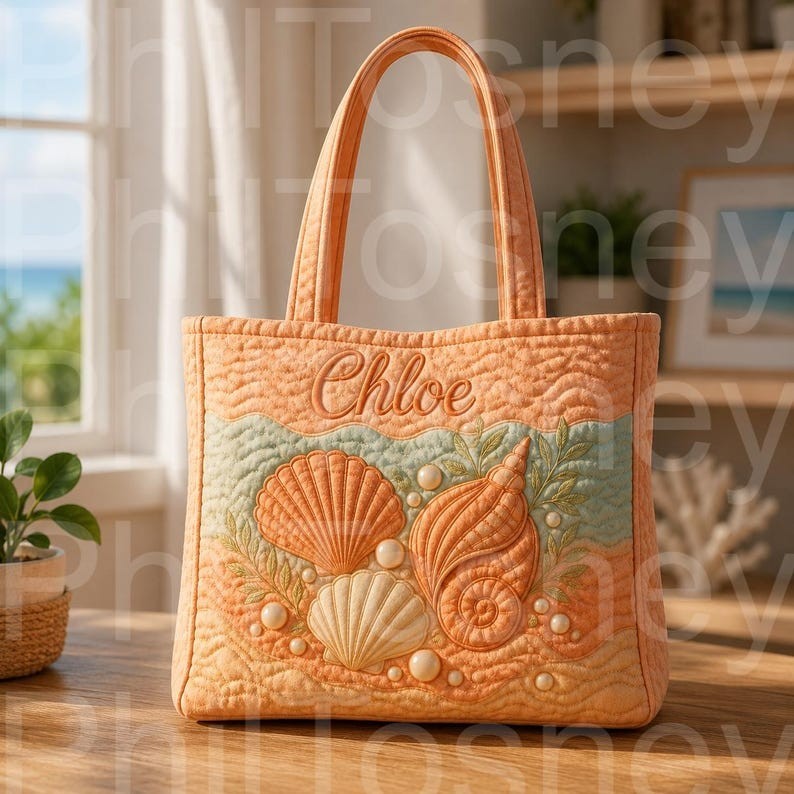 Personalized Seashell Quilted Tote Bag, Custom Name Beach Shoulder Bag, Coastal