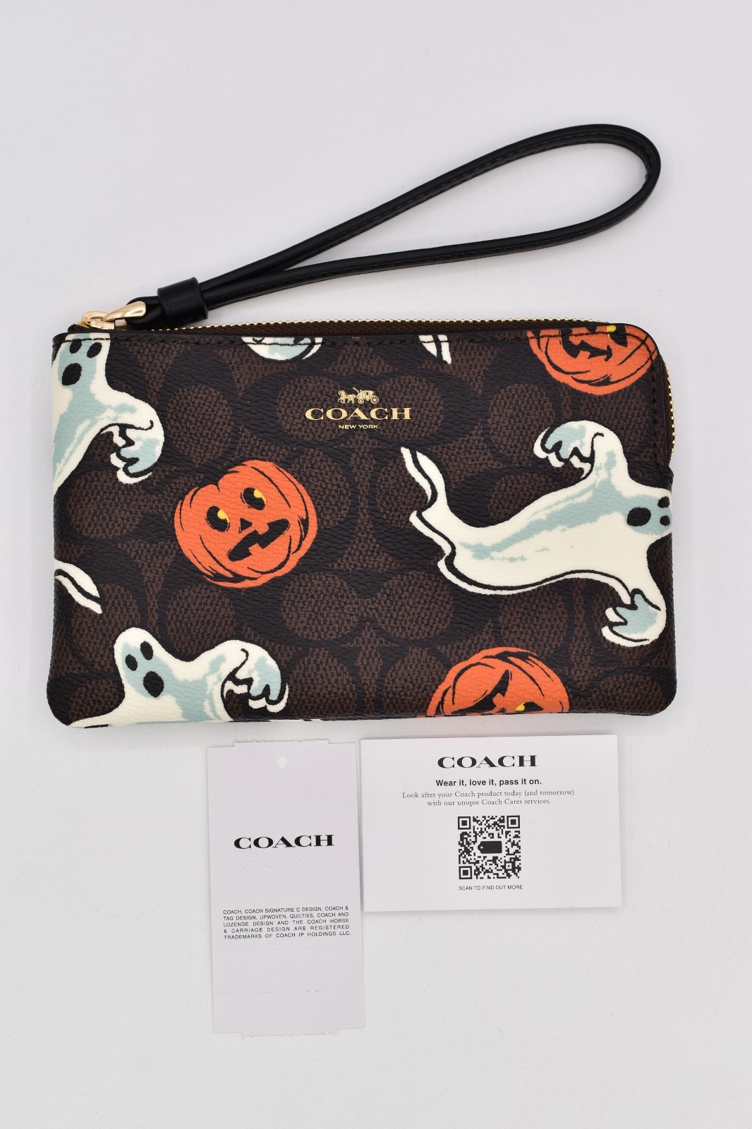 Coach Corner Zip Wristlet In Signature Canvas With Halloween Print Walnut Ghost