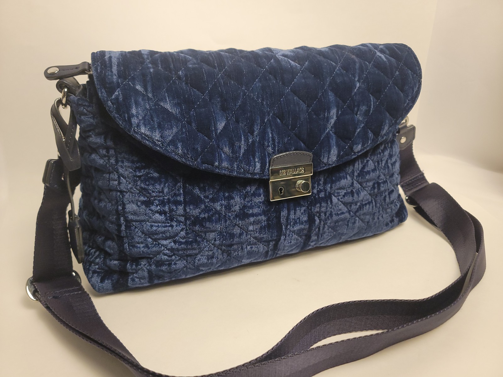 MZ Wallace Large Crosby Lock Quilted Midnight Velvet Crossbody Shoulder Bag
