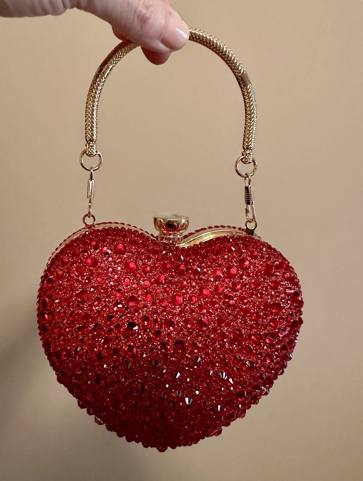 RAMLA Red Crystal Heart Clutch w/Kiss Lock, Gold Top Handle & Chain Strap
