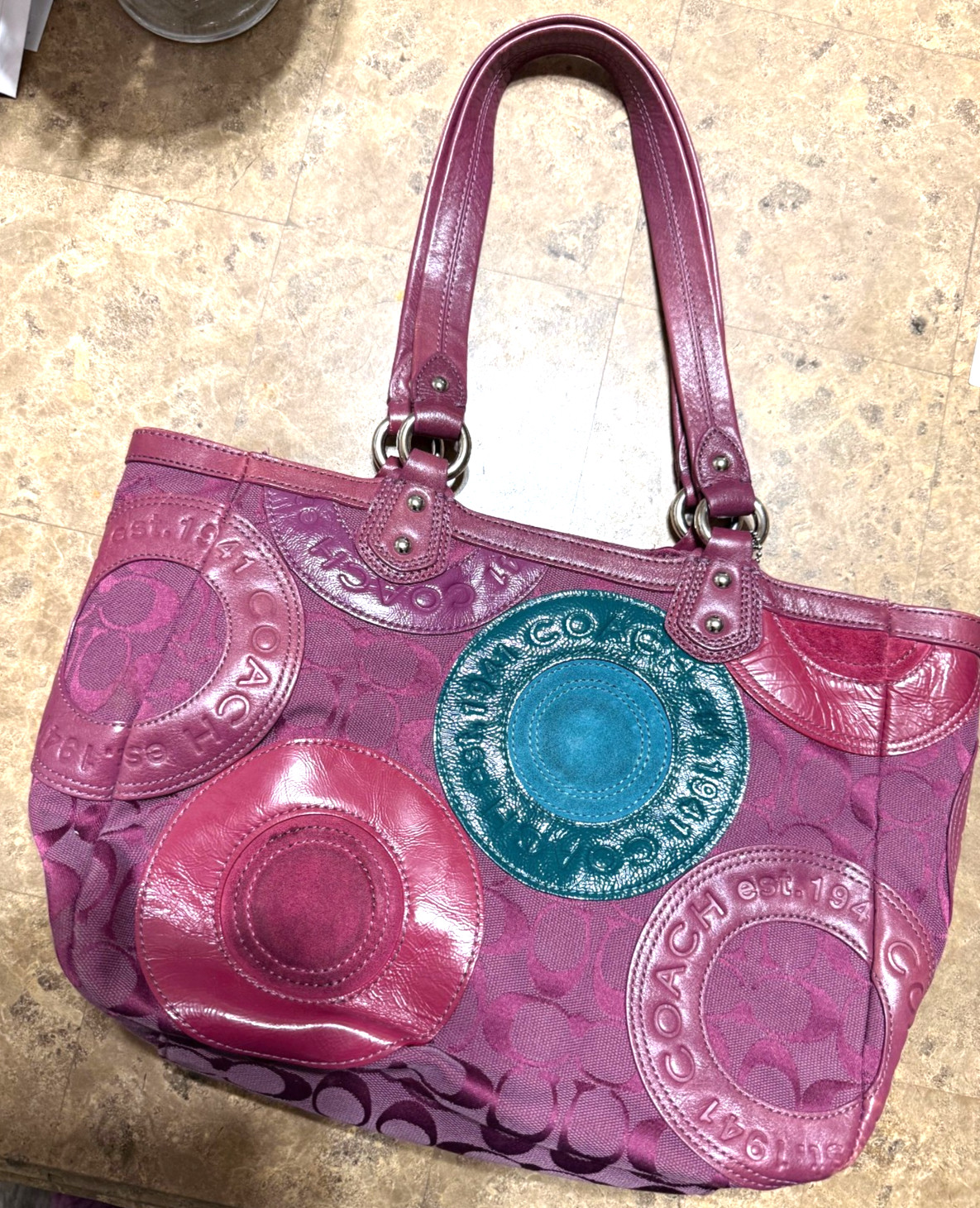 Vintage Coach Purple Signature Canvas Circle Patchwork East West Shoulder Tote B