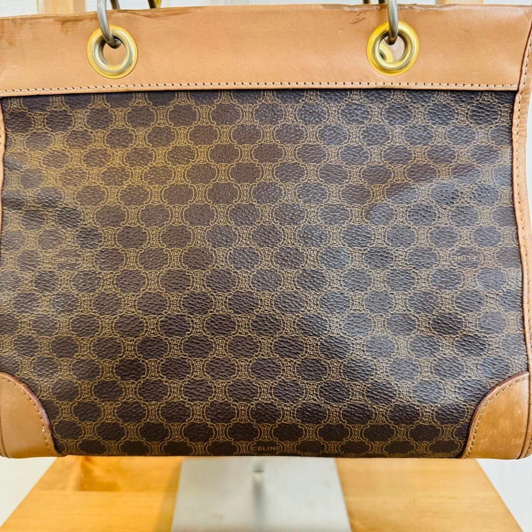 CELINE Macadam Vintage Brown Leather PVC Handbag Tote Gold Zip M13 25cm 21cm