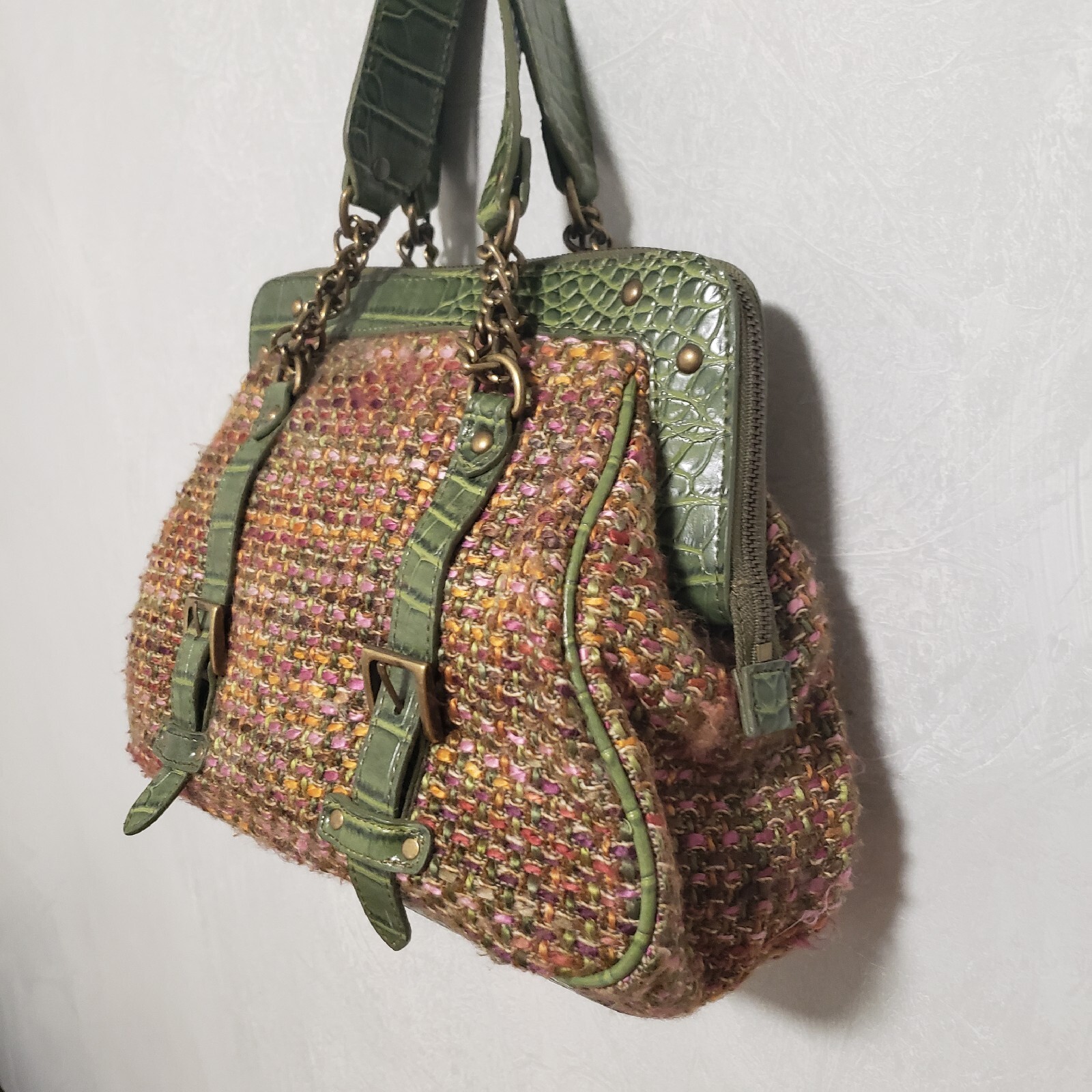 The Limited Green Multicolor Buckle Wool Blend Woven Knit Bag