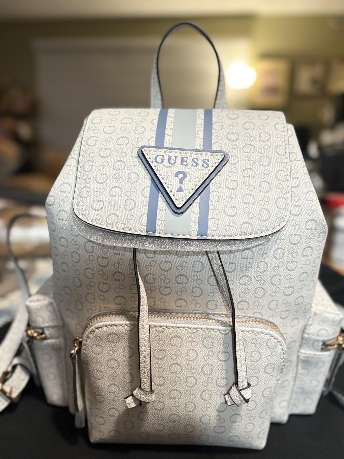 GUESS Gray Logo Print Drawstring Backpack Top Handle Front Zip Pocket Gold HW