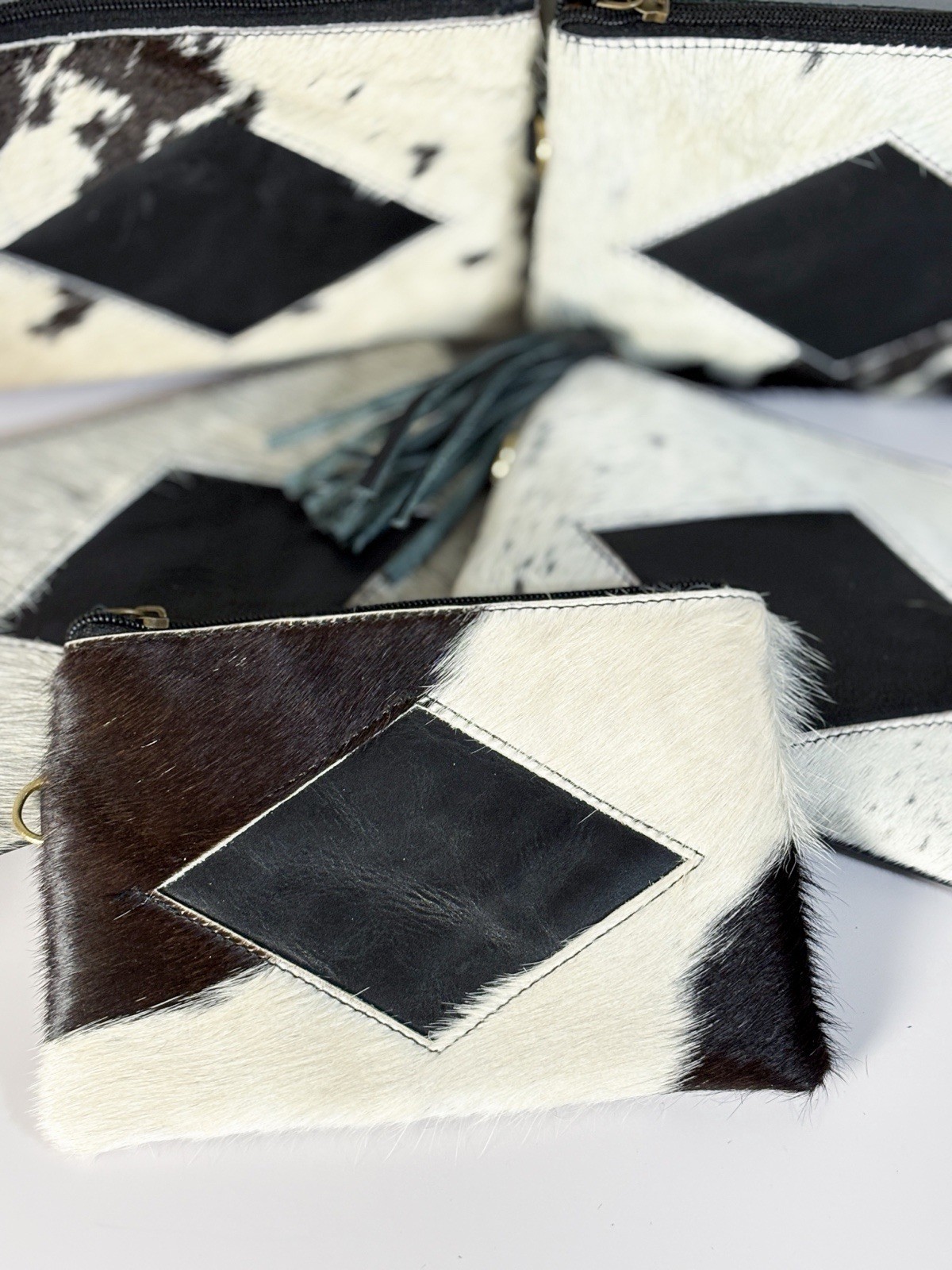 Genuine Cowhide Leather Zipper Pouch Clutch Western Black White