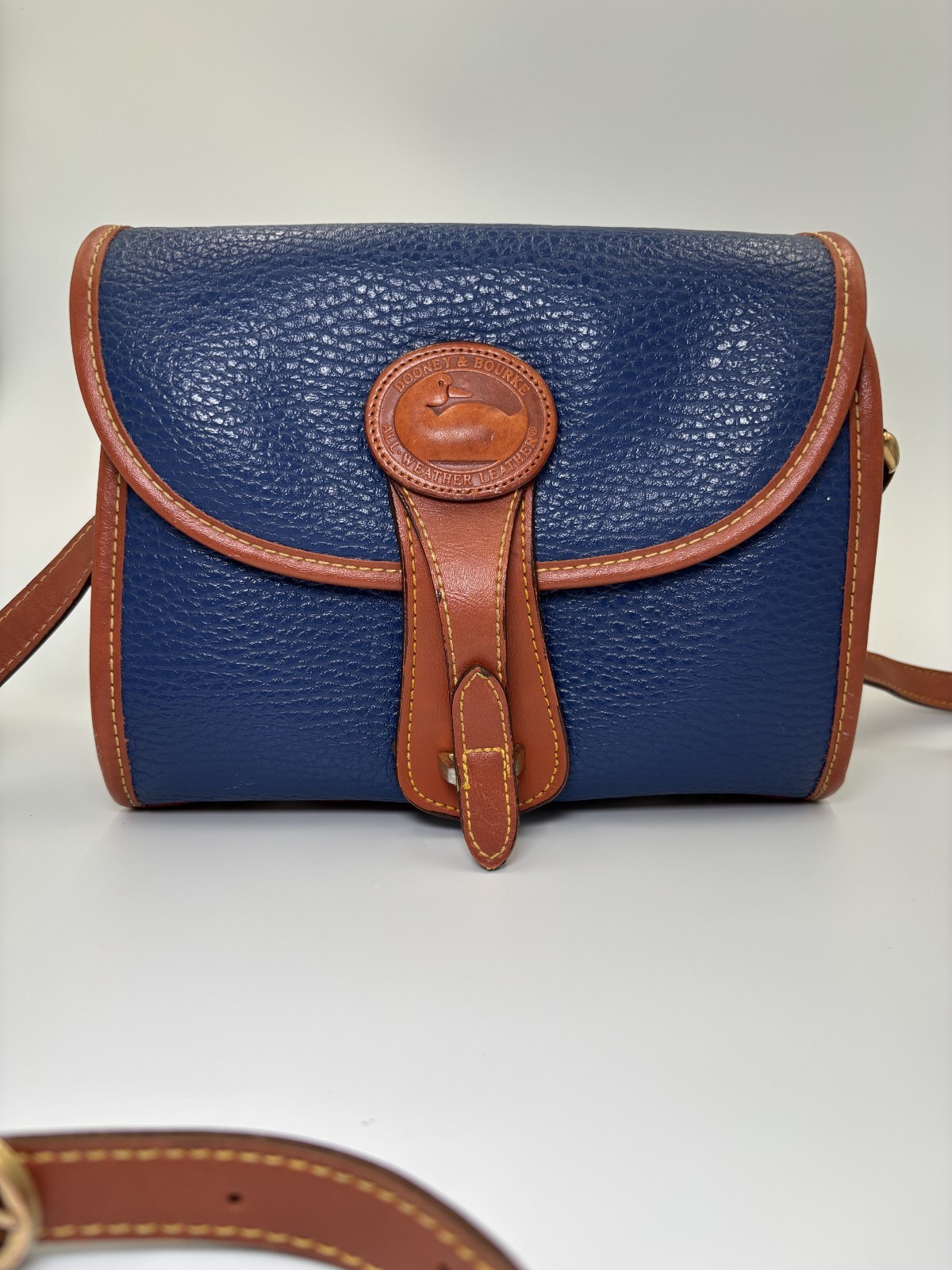Dooney Bourke Vintage Navy Blue Essex Saddle Equestrian Bag All Weather Leather