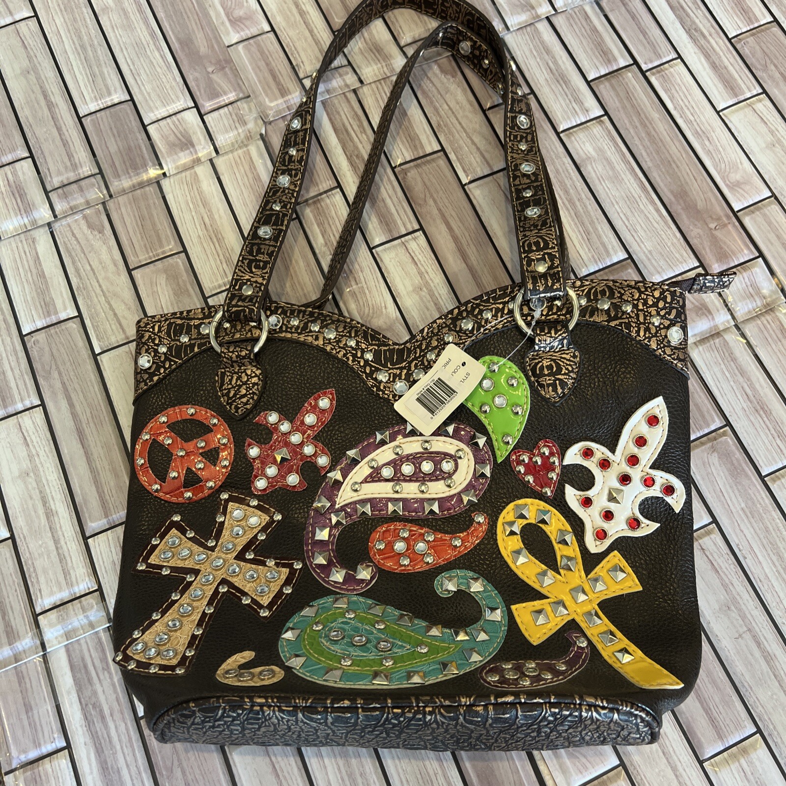 Brown purse PVC Pebbled Rhinestone Stone Croc Studded shoulder bag purse NWT