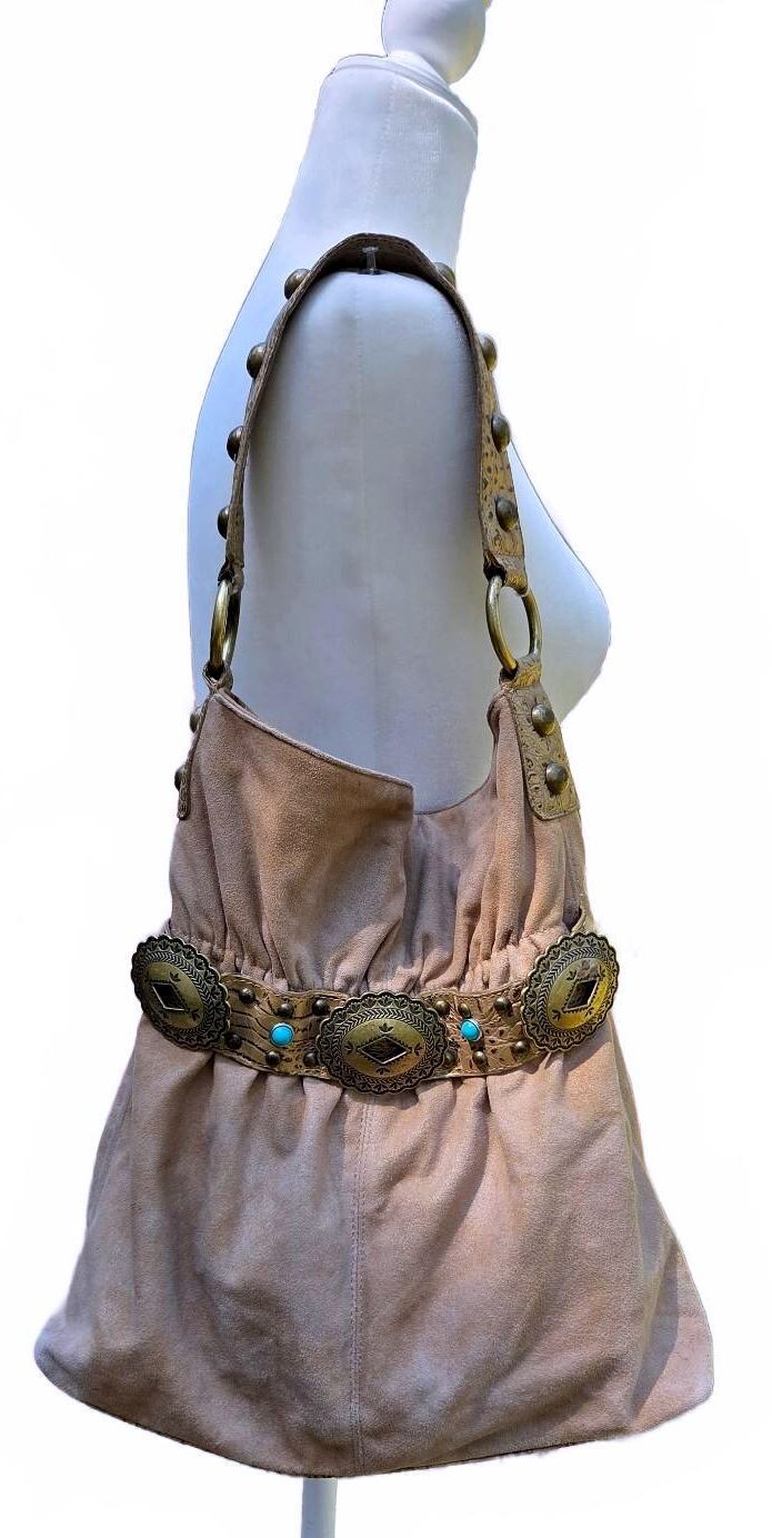 Vintage Kathy Van Zeeland Tan Faux Suede Concho Belt Studded Hobo Shoulder Bag