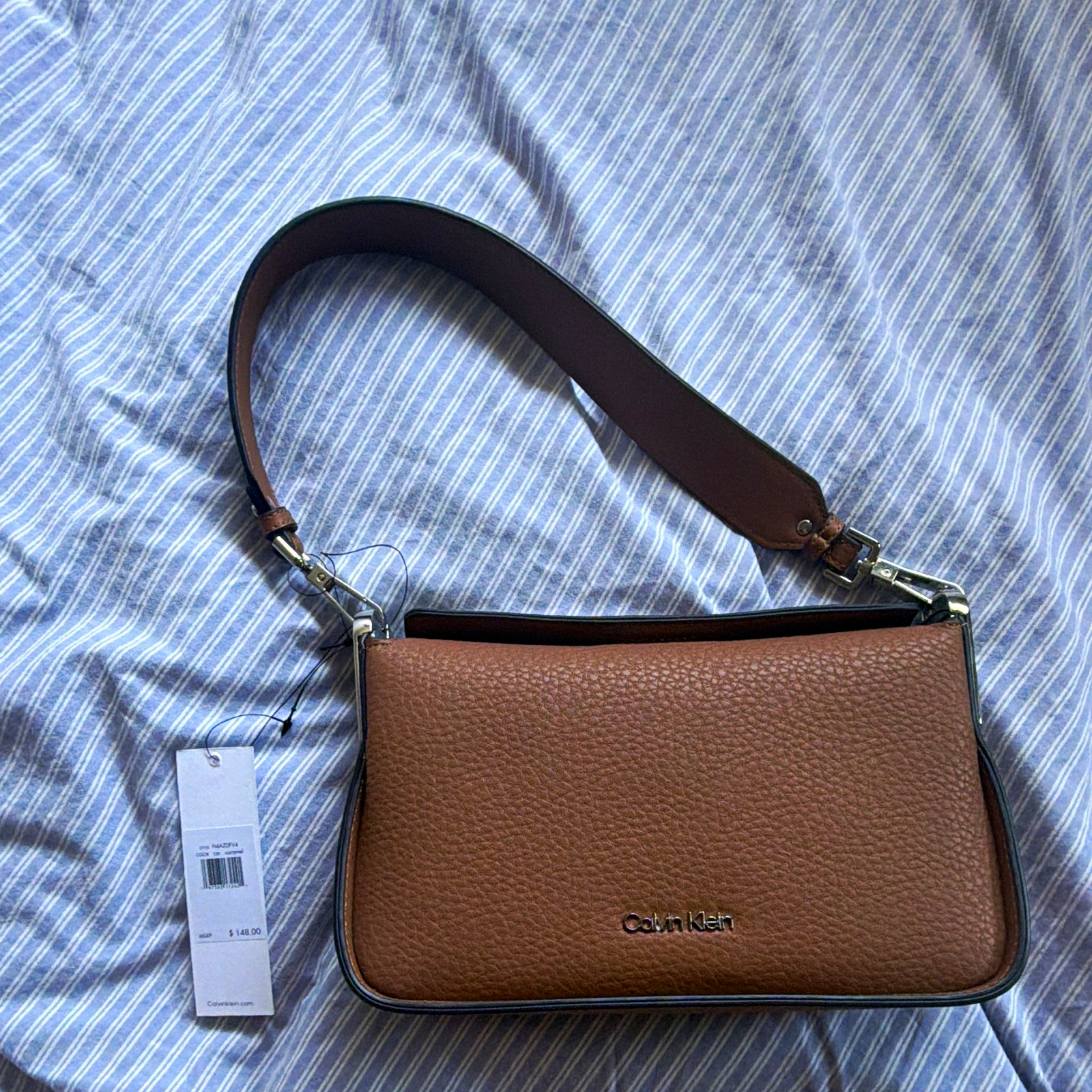 Calvin Klein Small Brown Pebbled Shoulder Bag, Inner Pockets. New with tags