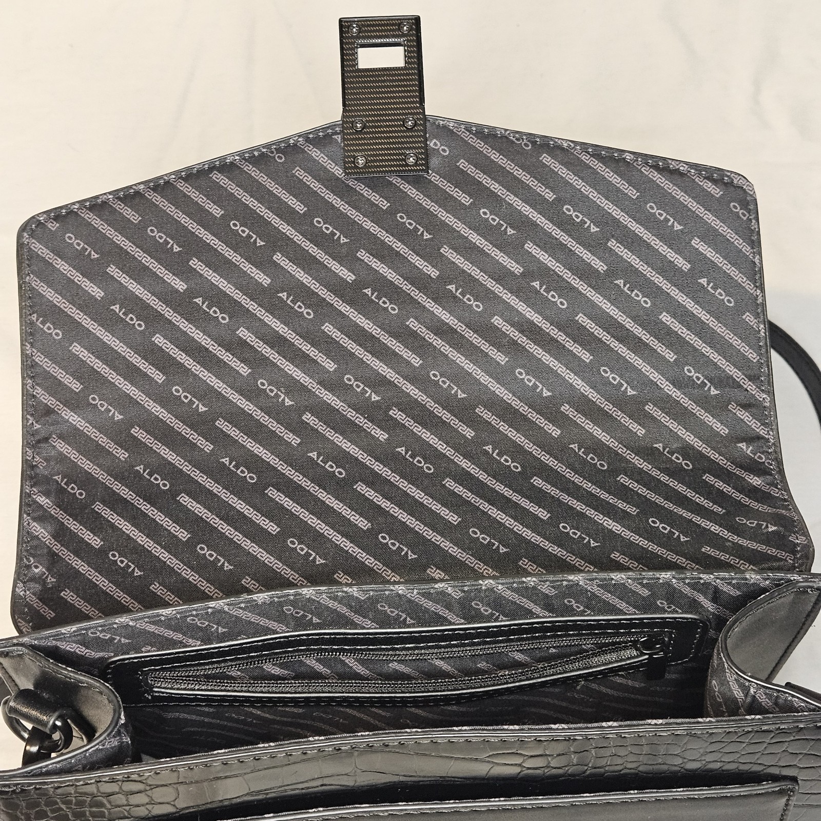 ALDO Black Crocodile Embossed Satchel Top Handle Bag Crossbody and Logo Plaque