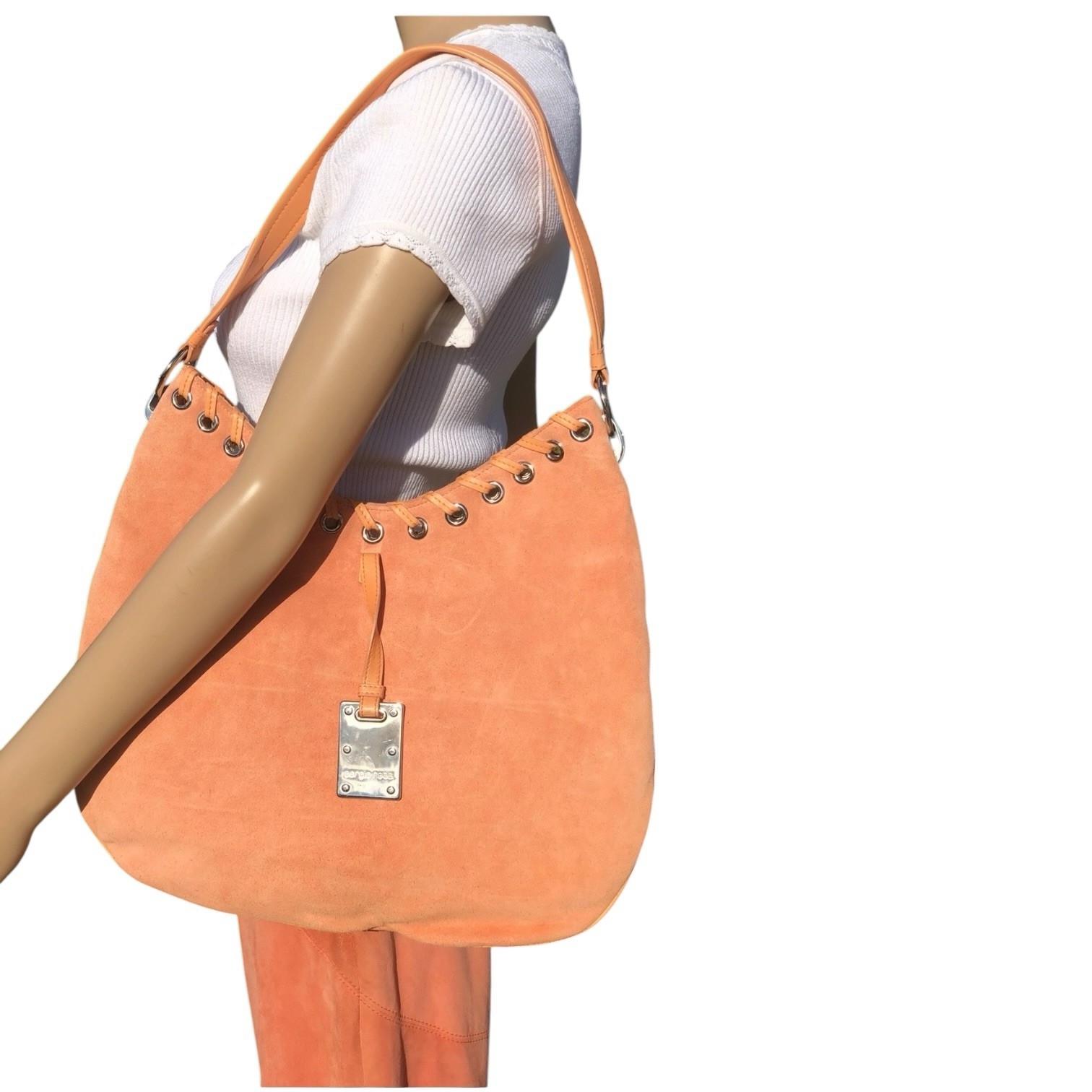 Sergio Rossi Coral Suede Hobo Bag Leather Laced Grommet Shoulder Purse Italy