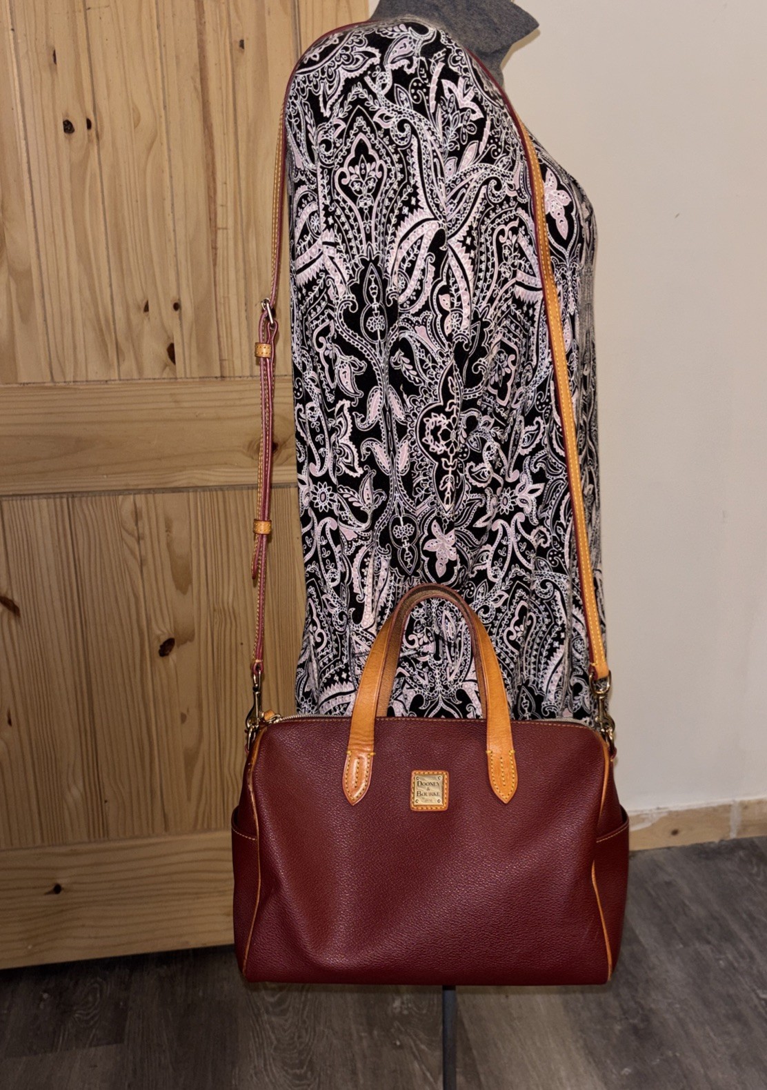 Dooney & Bourke Red/Burgandy Pebble Grain Satchel Bordeaux Brown Leather Trim
