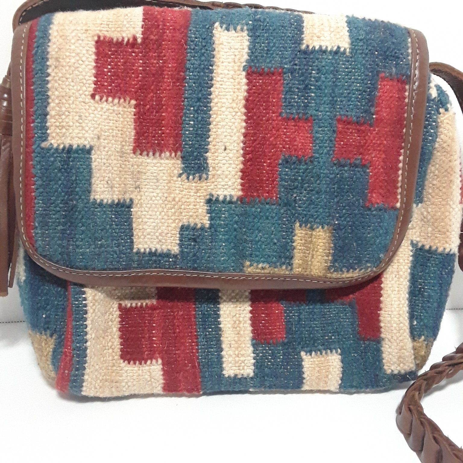 Carpet Bag Tapestry Shoulder Satchel Purse, GUC! Leather Wool Blend Southwest