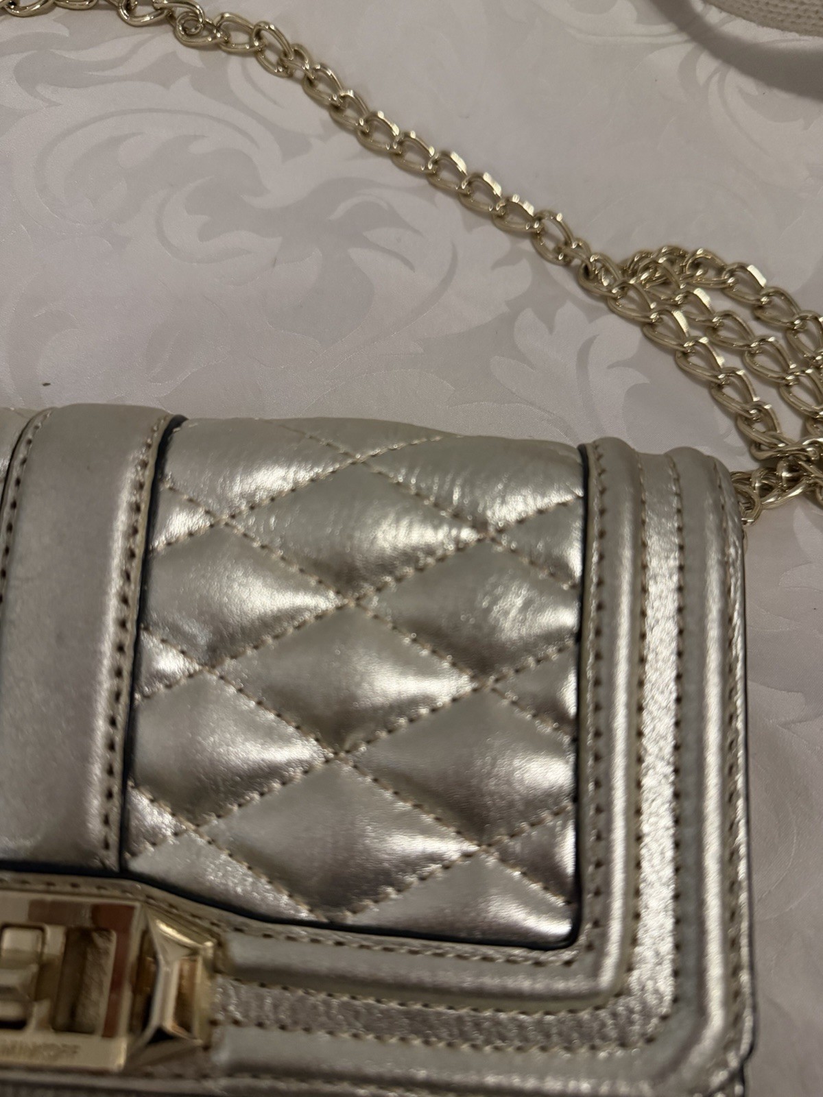 Rebecca Minkoff Metallic Silver Quilted Crossbody Gold Chain Turn Lock