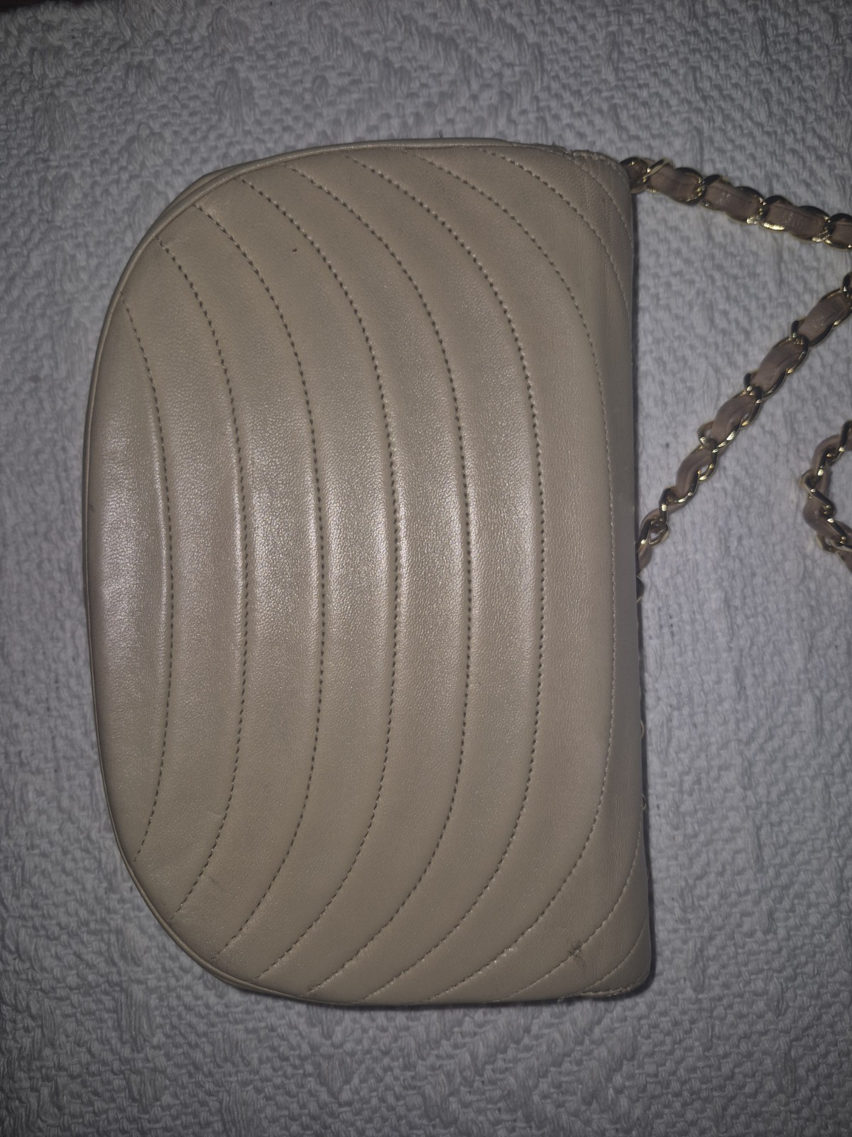 CHANEL Beige Small Half Moon Quilted Shoulder Bag Gold Chain Snap Closure