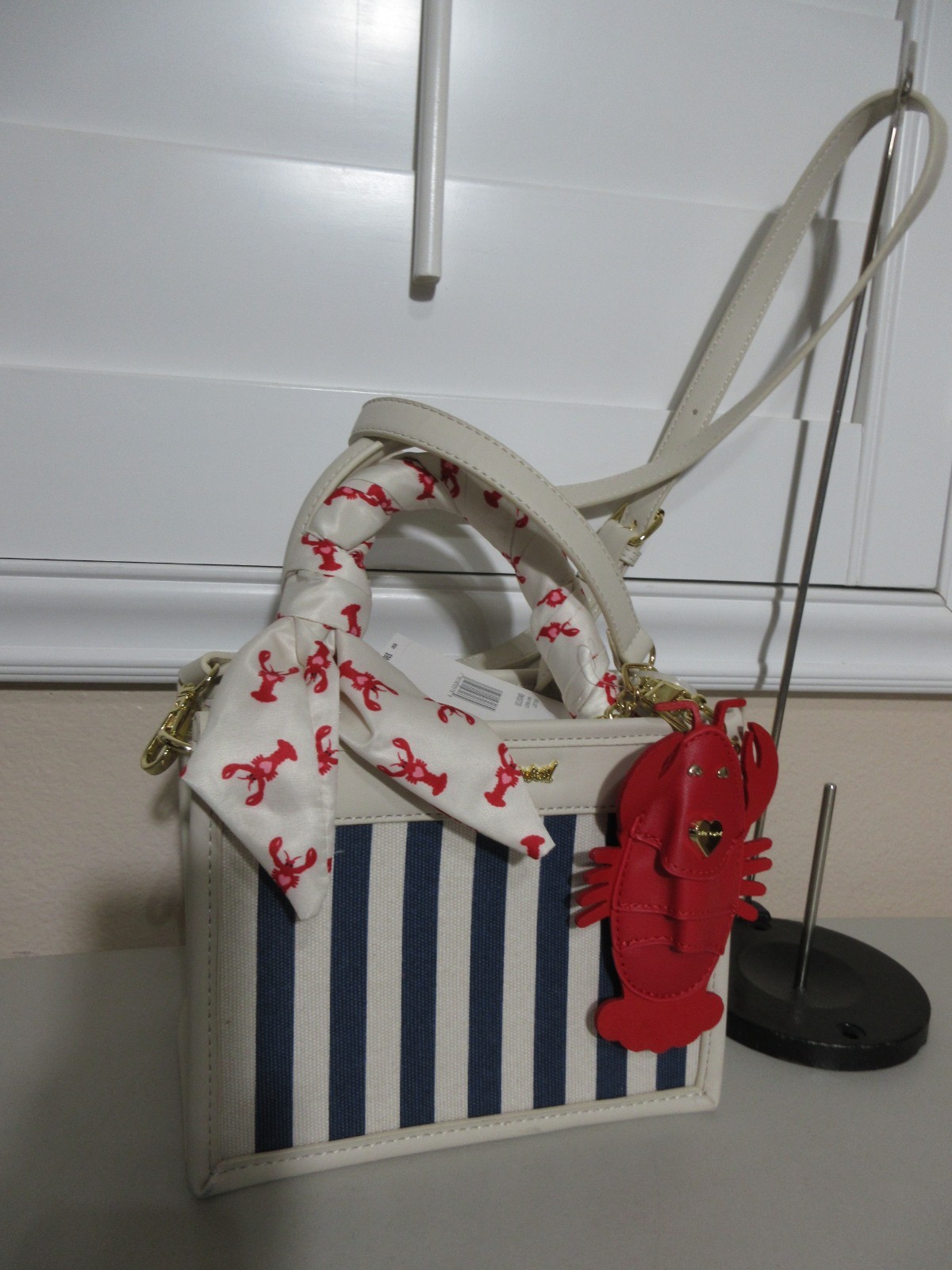 BETSY JOHNSON LOBSTER BLUE/CREAM STRIPE SHOULDER BAG XOLUCY NWT