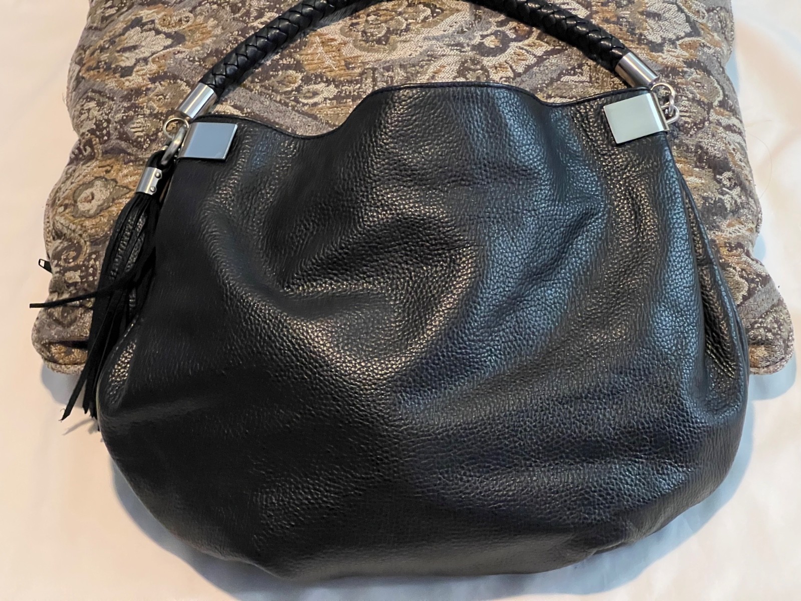 HALOGEN Black Pebbled Leather Hobo Shoulder Bag With Tassel