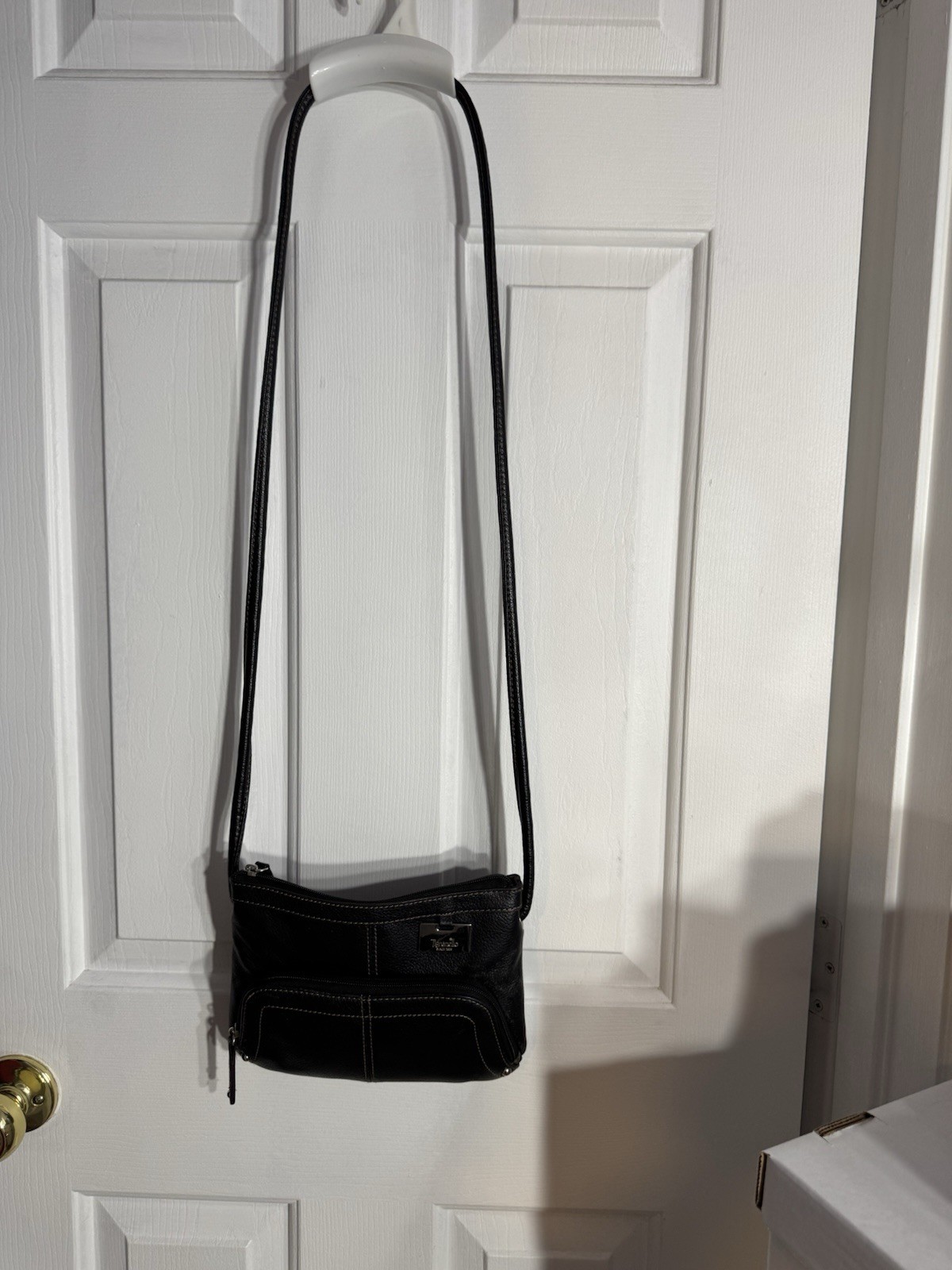 Tignanello Black Pebbled Leather Crossbody Bag White Accent Stitching & Logo