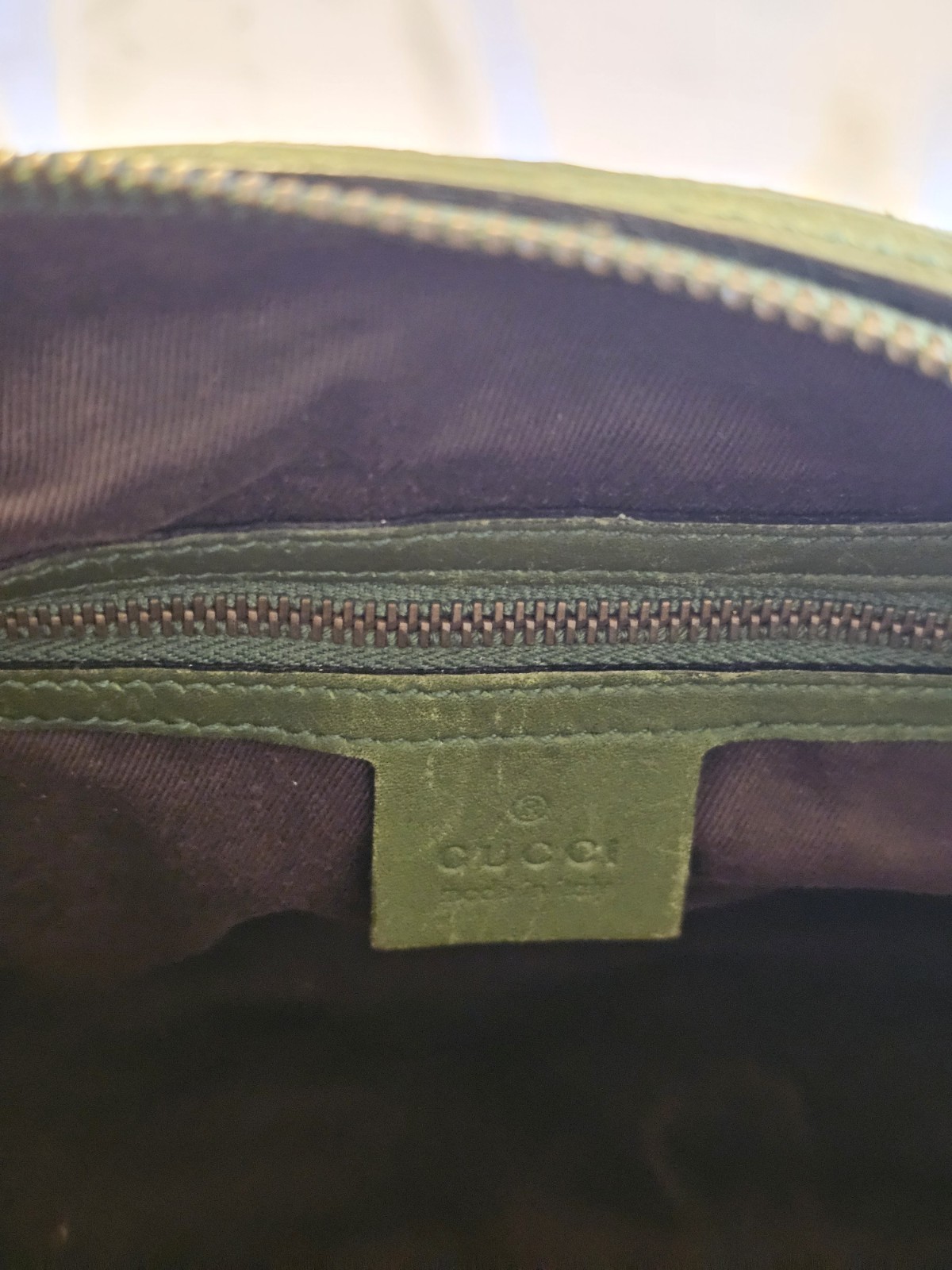 Gucci Green Satchel Top Handle Bag GG Pattern Zip Gold Hardware Inner Pockets