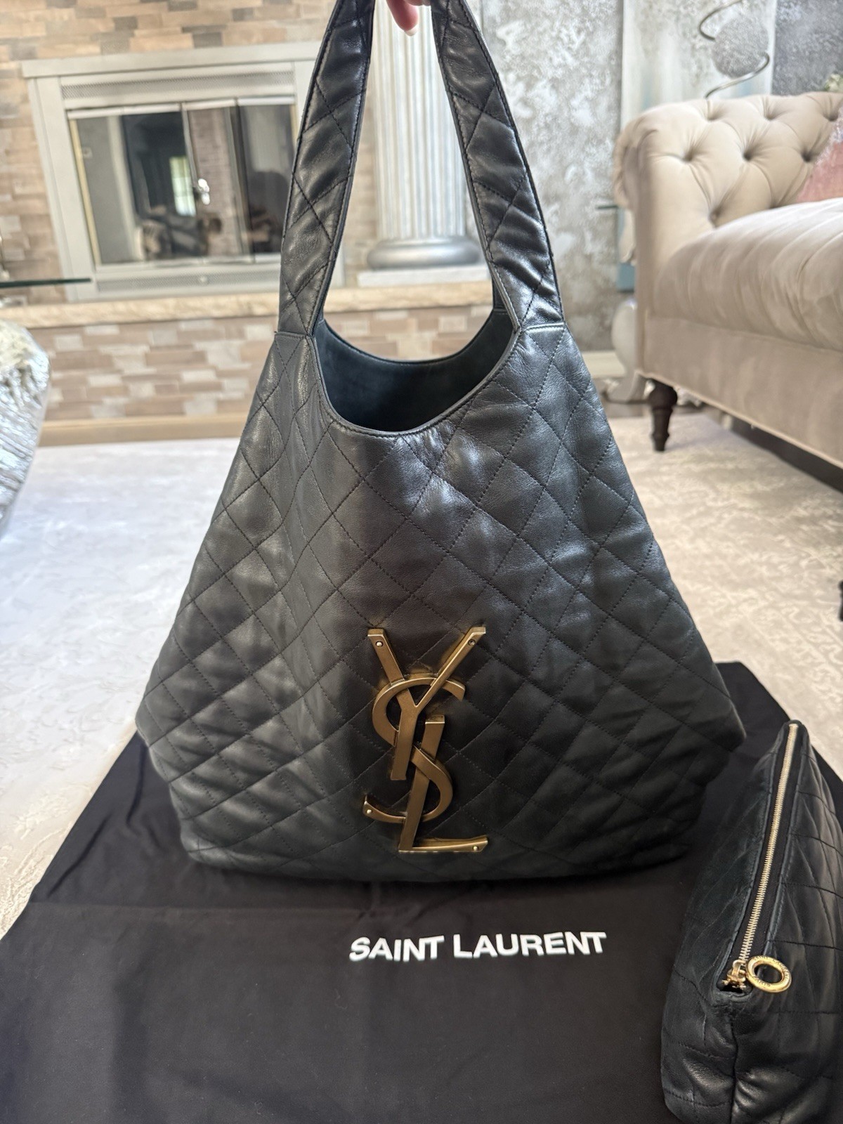 Saint Laurent YSL Icare Maxi Shopping Tote Bag Black Quilted Lambskin Leather