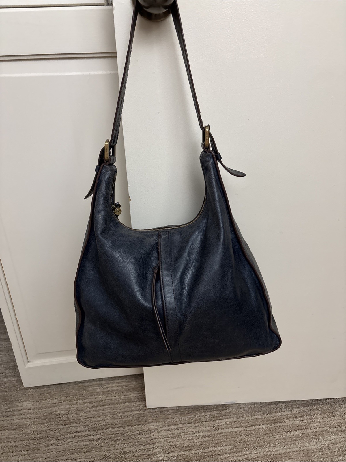 Hobo International Navy Blue Distressed Leather Shoulder Tote Handbag
