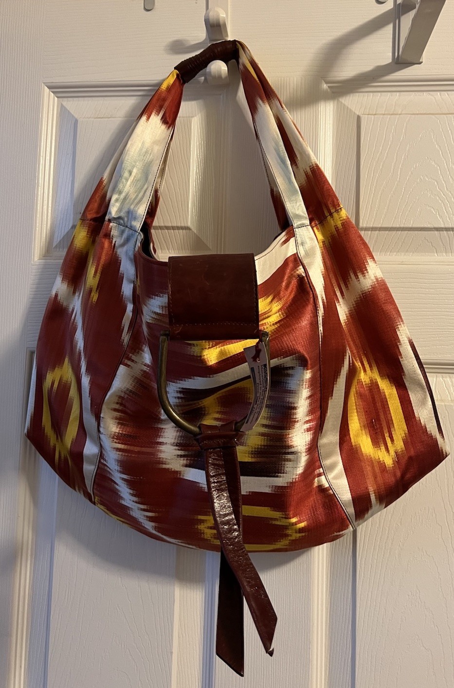 NWT IKAT SILK Uzbek Avant Garde Boho Chic Shoulder Bag Tote Purse Leather Trim
