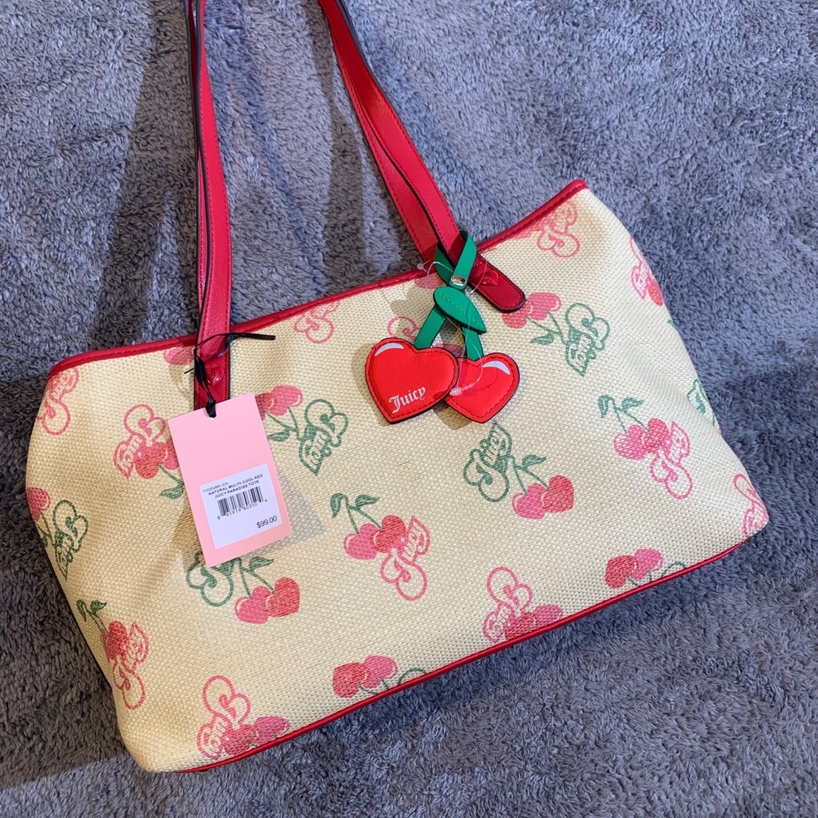 Juicy Couture Juicy Paradise Tote Bag Cherry Print Natural Multi Cool Red NEW