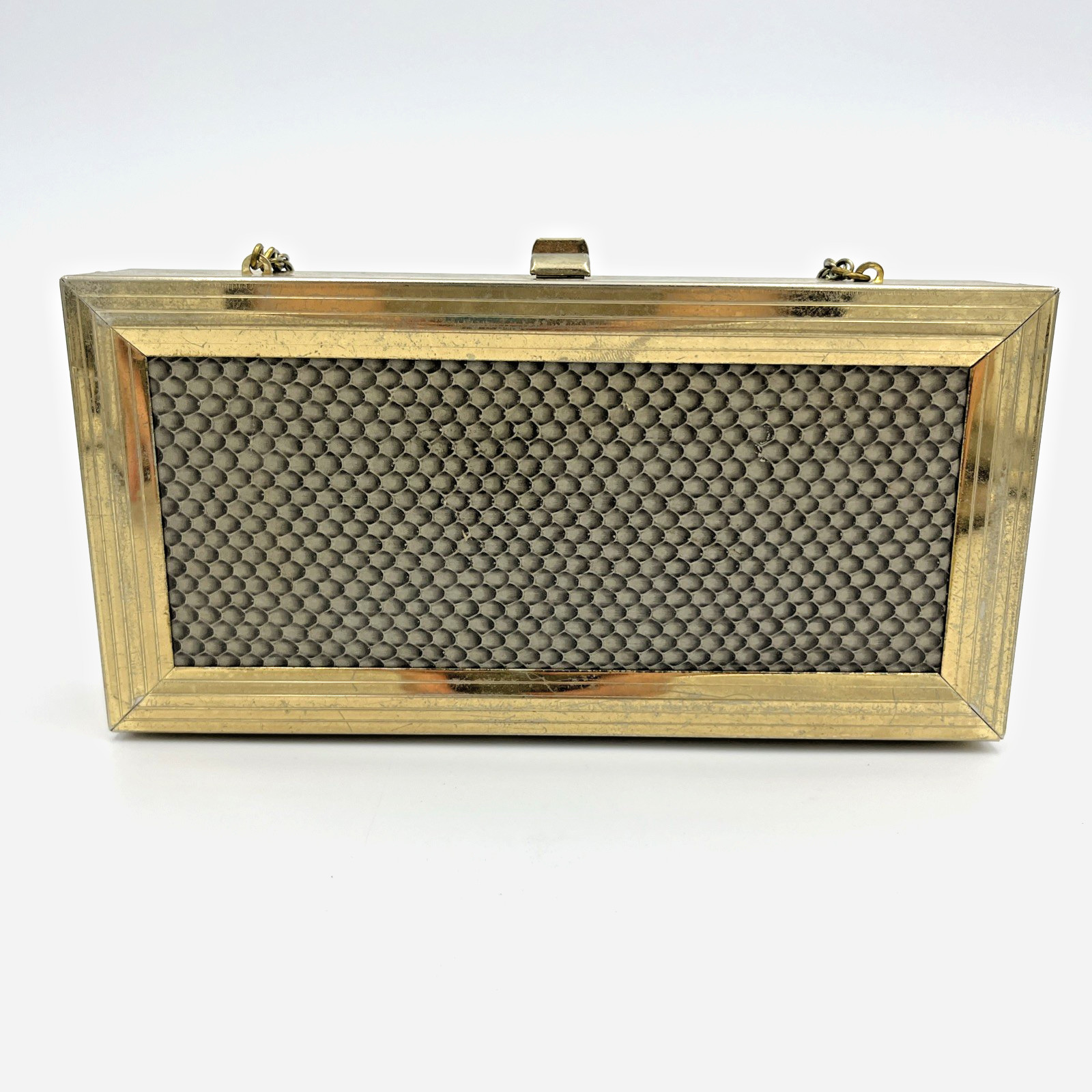 Harry Levine Gold Tone Metal Box Frame Grey Faux Snake Skin Handbag Purse