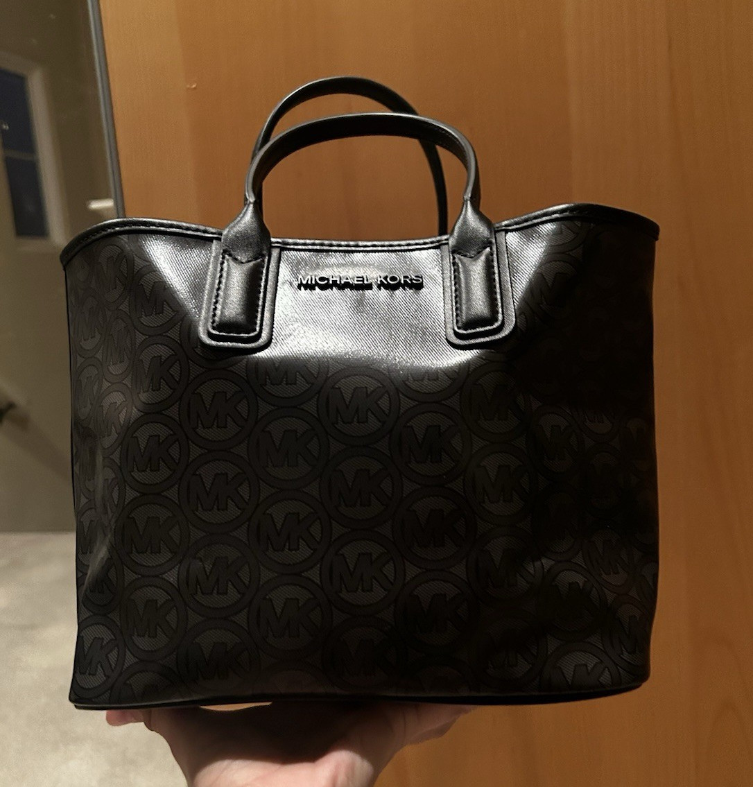 Michael Kors Green Logo Print Tote Bag Double Handles Red Lining Silver Hardware