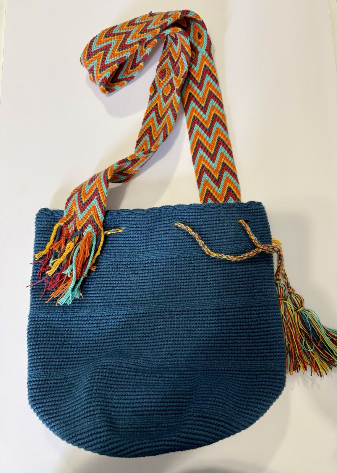 Authentic Wayuu Mochila Handmade Crochet Shoulder Bag Made In Colombia Blue